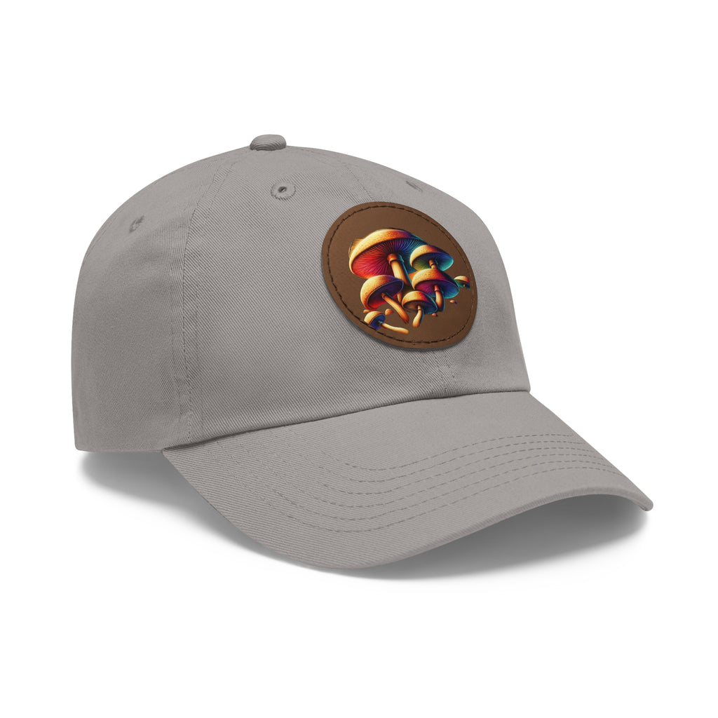 Mushroom Patch Dad Hat — Colorful Psychedelic Fungi Leather Patch Cap