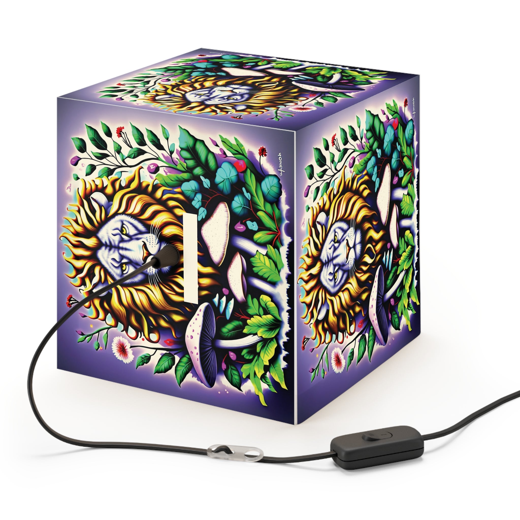Lion & Mushroom Garden Light Cube Lamp – Botanical Night Light for Home Decor