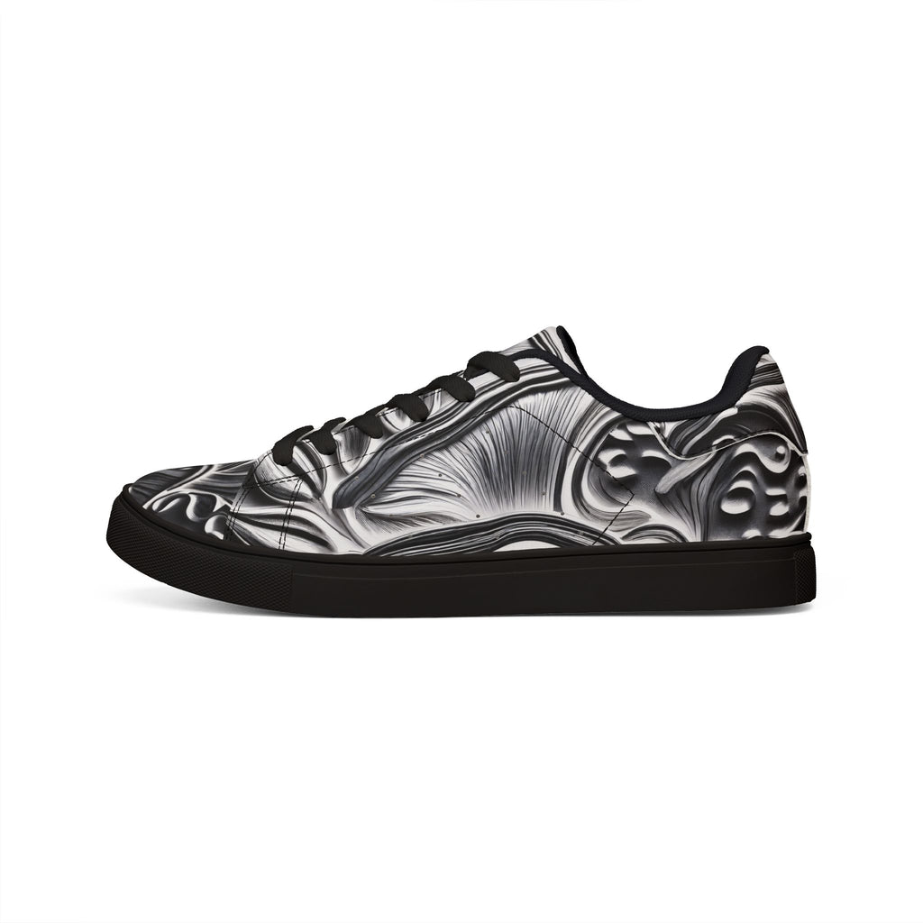 Men's Low-Top Leather Sneakers — Monochrome Abstract Swirl Design