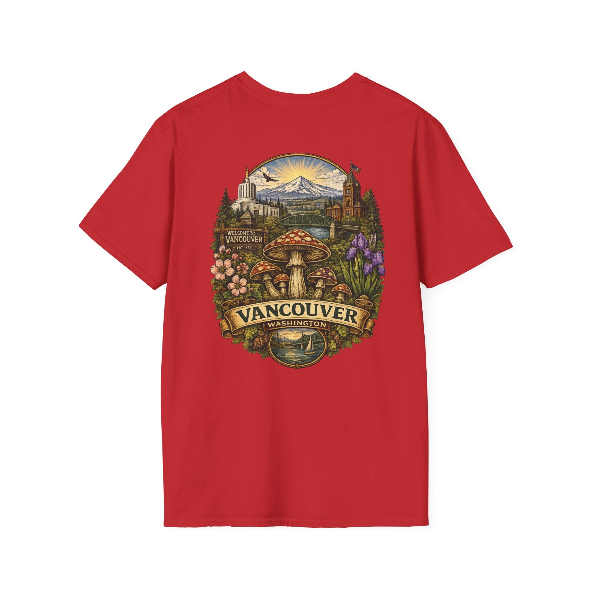 City: Vancouver Mushroom Illustration T-Shirt – Vintage Red Toadstool Graphic