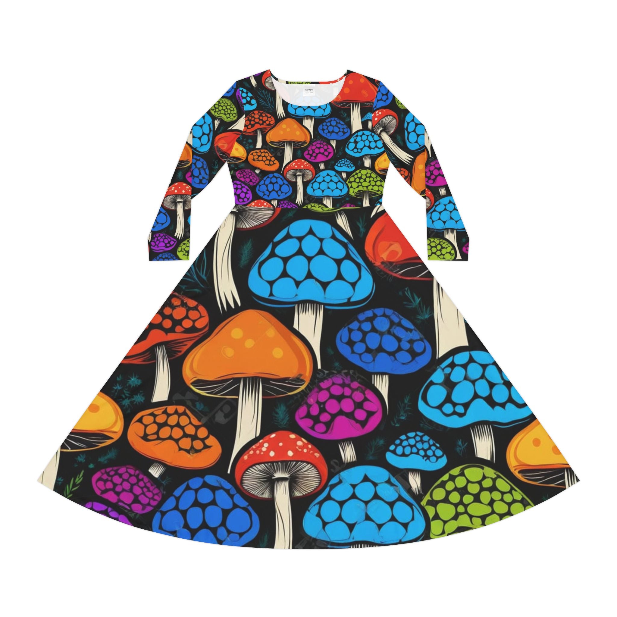 Mushroom Print Long Sleeve Dance Dress – Colorful Psychedelic Fungi AOP