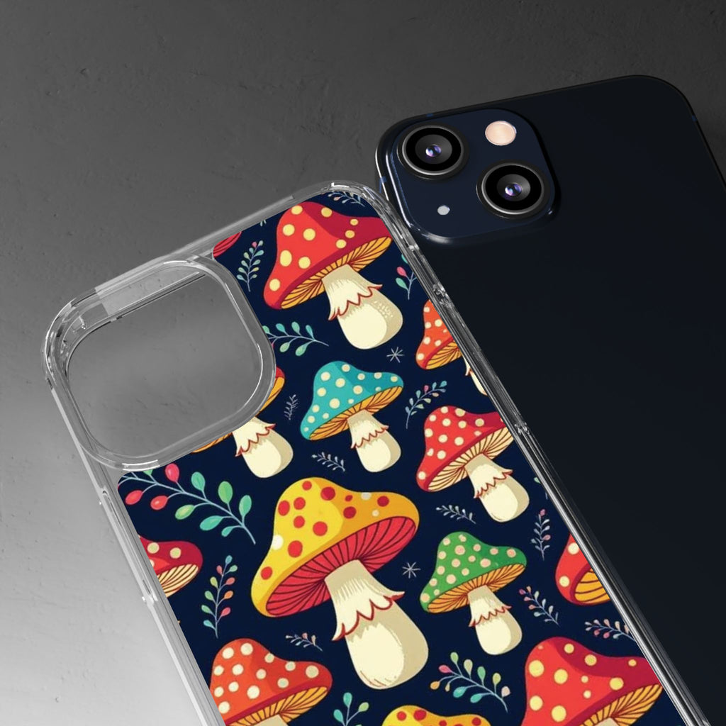 Phone Case: Mushroom Pattern Clear Phone Case — Colorful Toadstool Floral Design