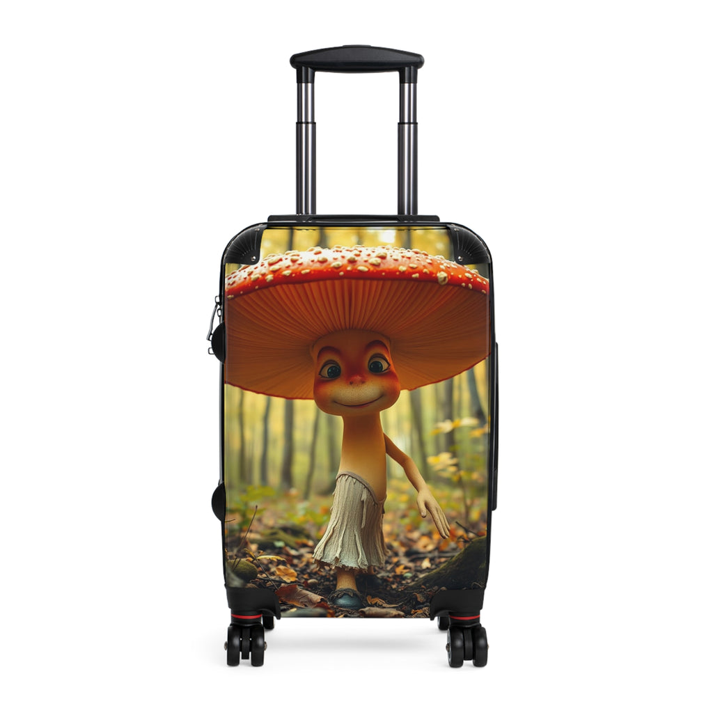 Pack Joy. Roll Whims Travel Casey Wander Happy Shroomie Traveler Carry-On with a cheerful mushroom character.