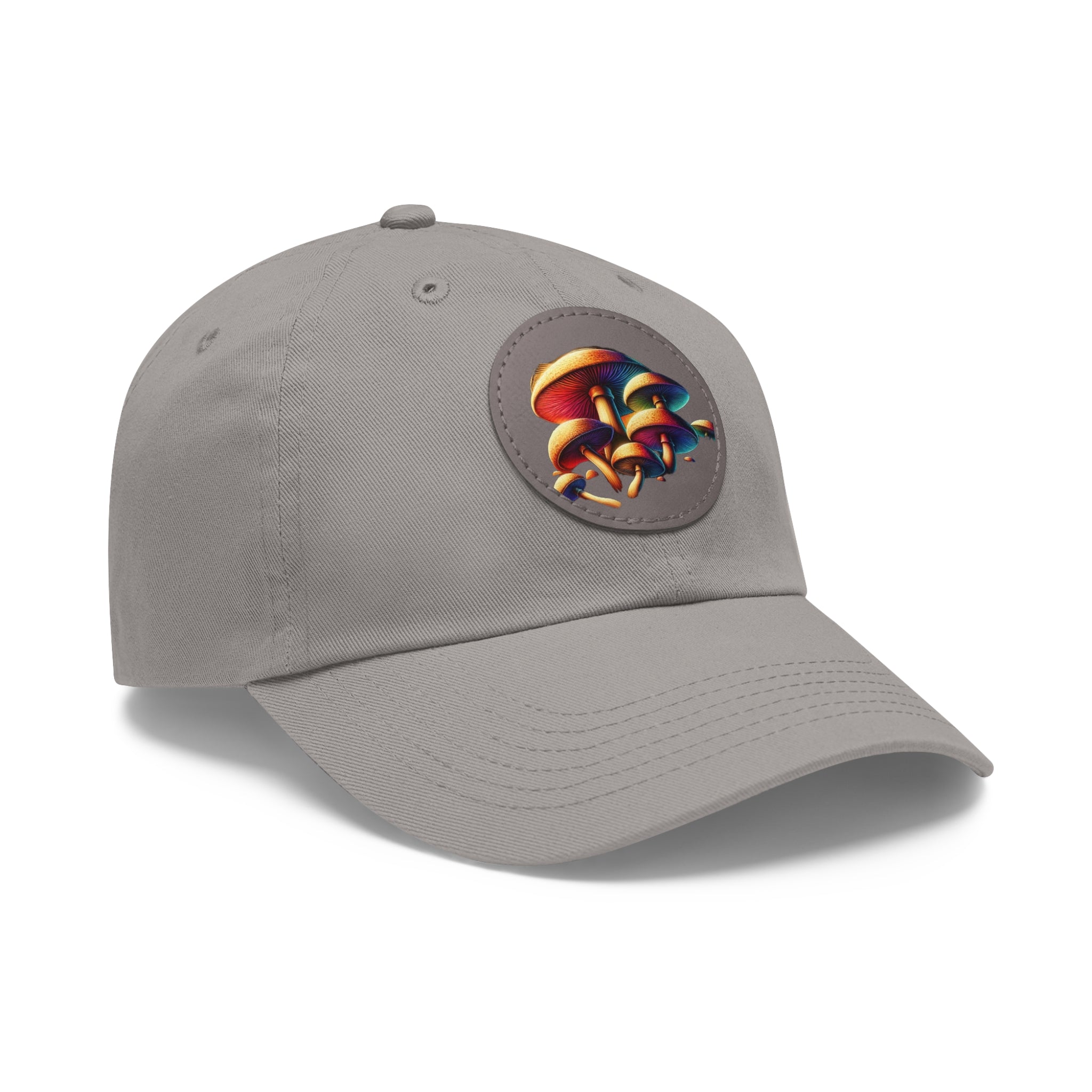 Mushroom Patch Dad Hat — Colorful Psychedelic Fungi Leather Patch Cap