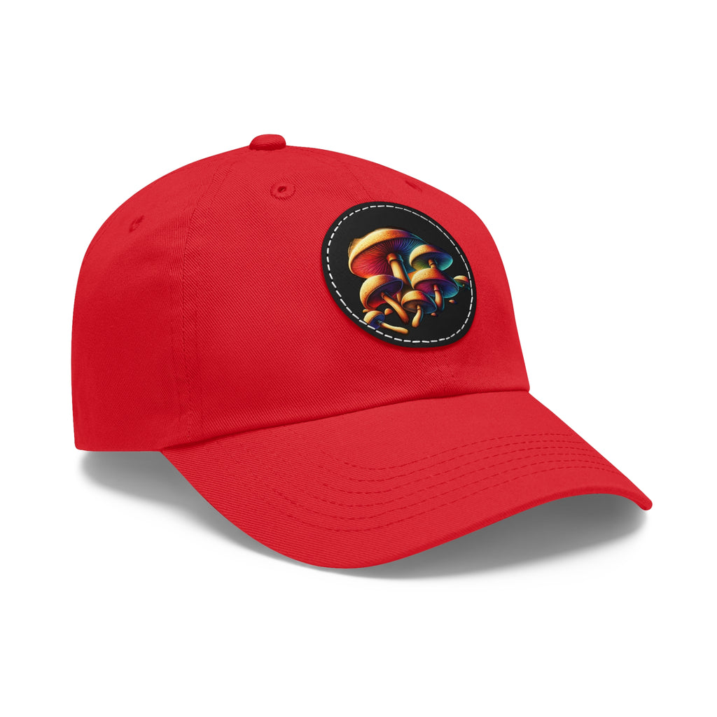 Mushroom Patch Dad Hat — Colorful Psychedelic Fungi Leather Patch Cap