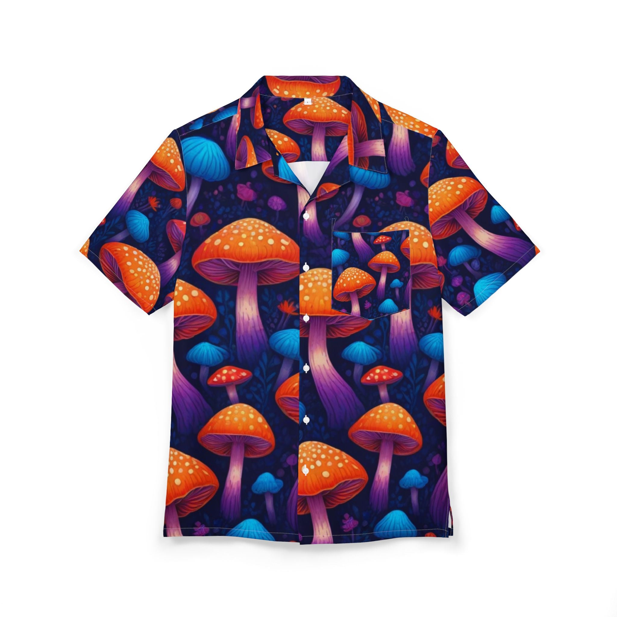 Camisa Hawaiana de Hongos Psicodélicos — Abotonada Naranja Neón y Morado AOP