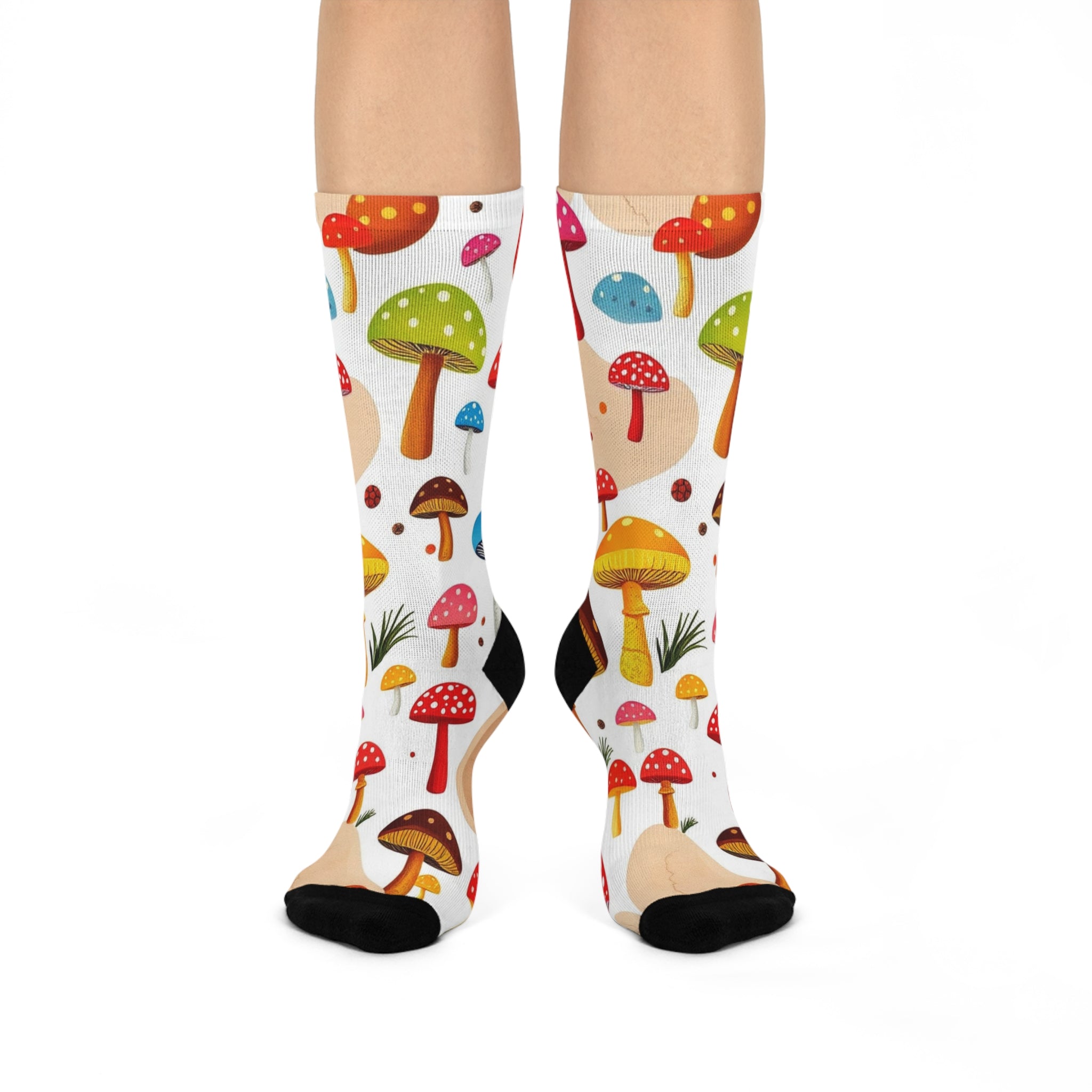 Socks: Whimsical Mushroom Cushioned Crew Socks | Cozy Fun Footwear for Gifting, Hiking, Everyday Use, Eco-Friendly, Art-Inspired Design