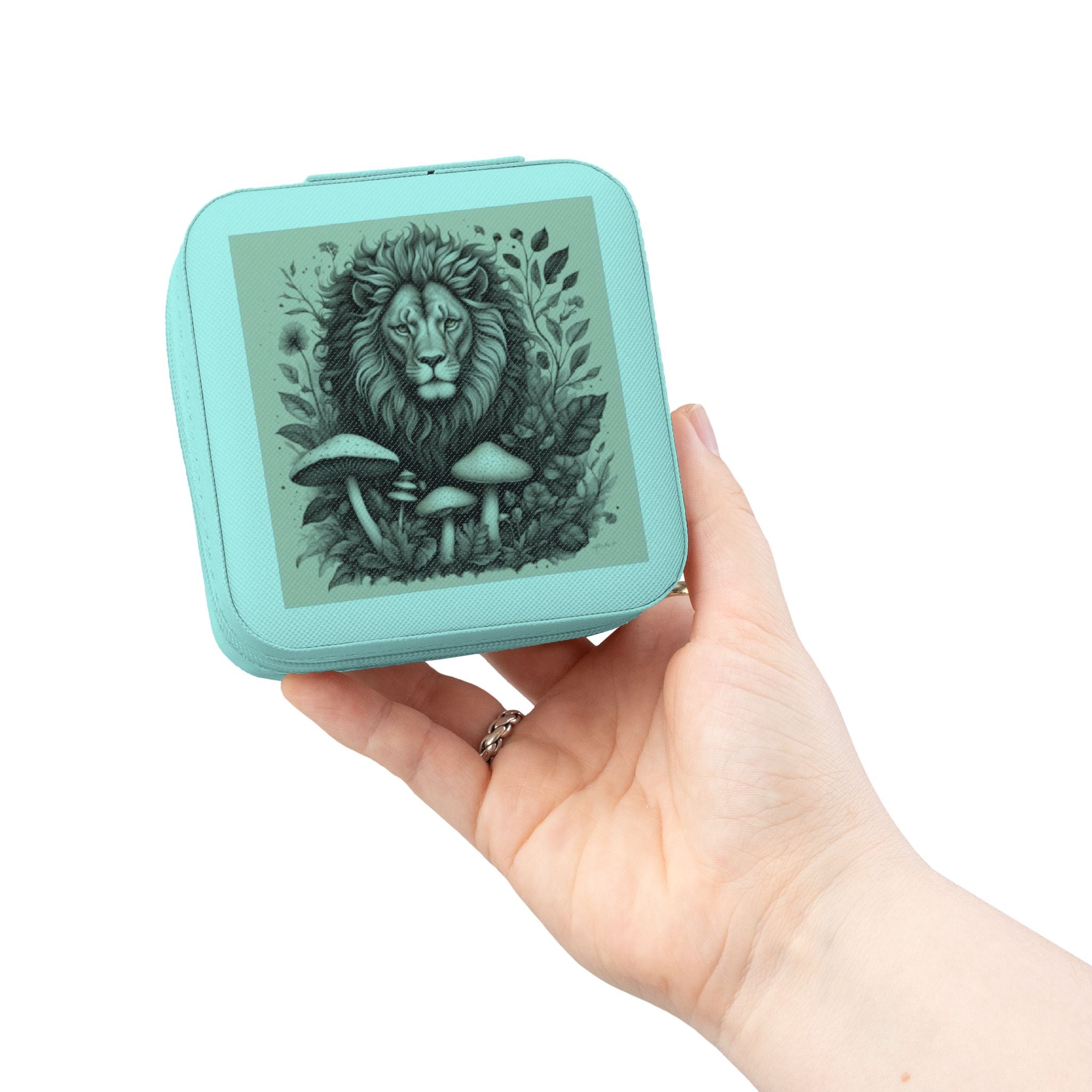 Lion & Mushrooms Jewelry Travel Case — Compact Organizer for Rings, Earrings & Necklaces