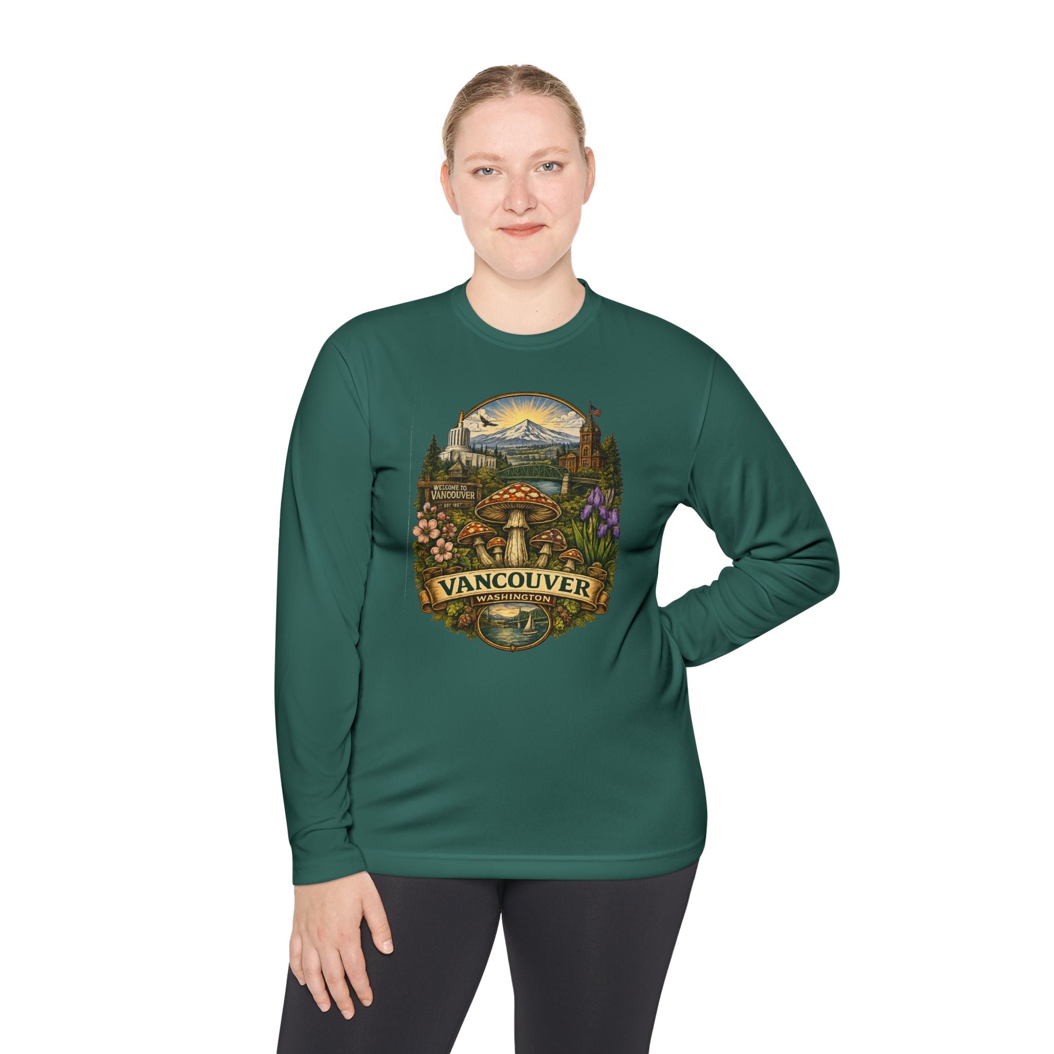 Vancouver Nature Long Sleeve Tee — Scenic Mountains & Mushroom Art