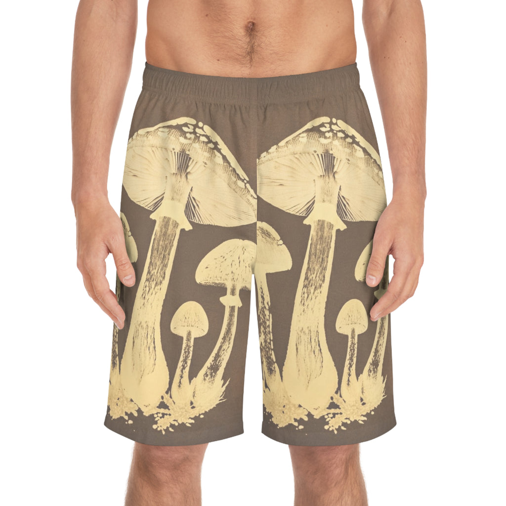 Mushroom Print Board Shorts — Vintage Botanical Surf Trunks