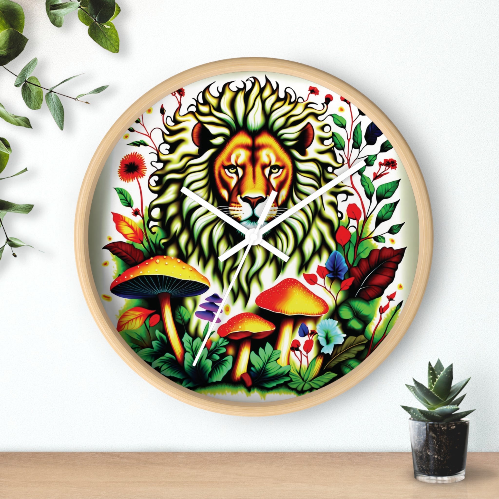 Lion & Mushrooms Wall Clock — Colorful Botanical Animal Art Timepiece