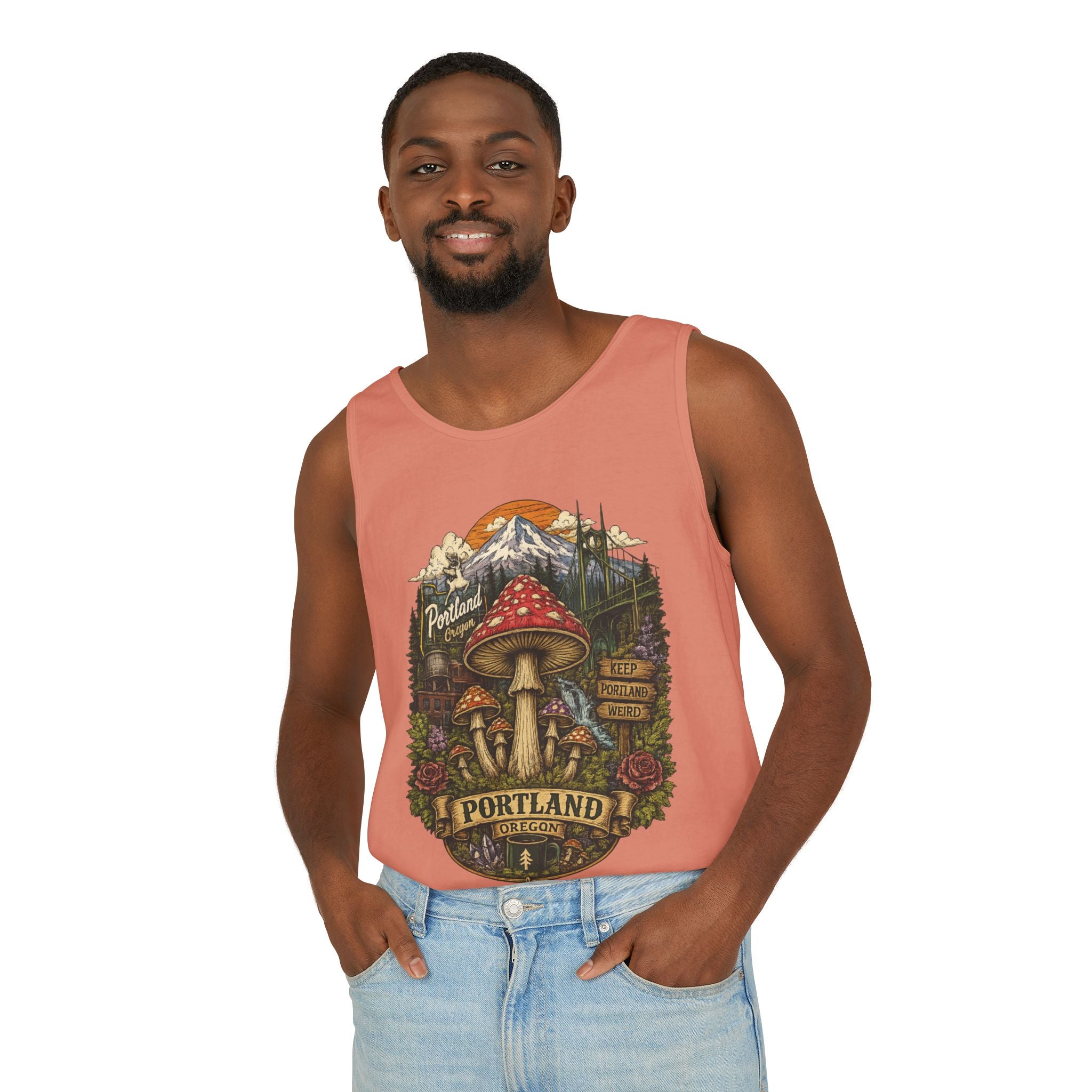 City: Portland Mushroom Tank Top — Vintage Forest Travel Graphic