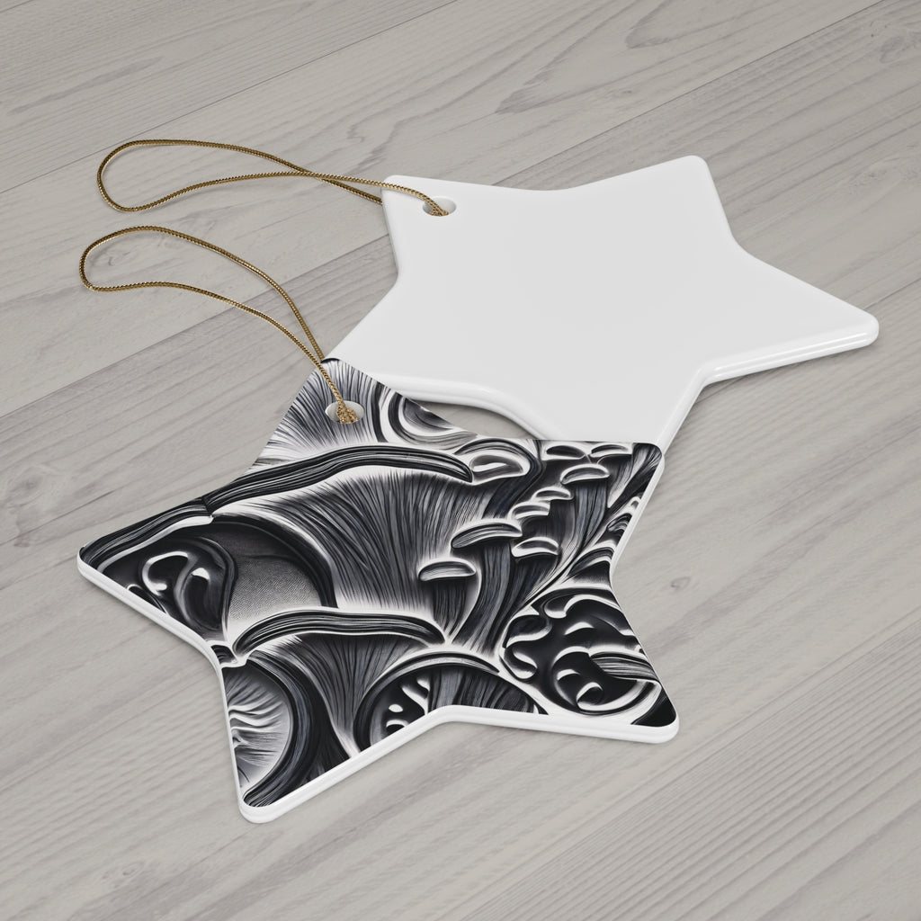 Ceramic Ornament: Black & White Mushroom Ceramic Ornament — Star-Shaped Decorative Holiday Keepsake