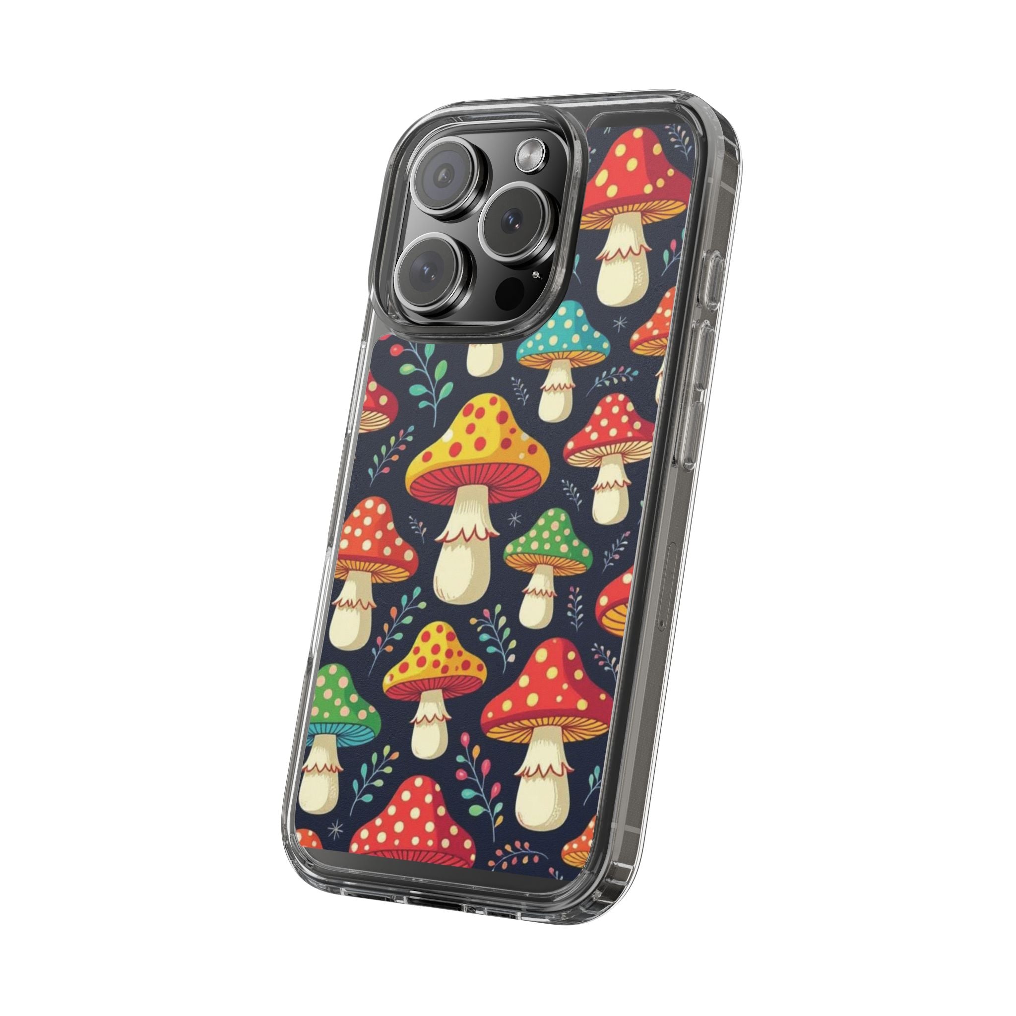 Phone Case: Mushroom Pattern Clear Phone Case — Colorful Toadstool Floral Design