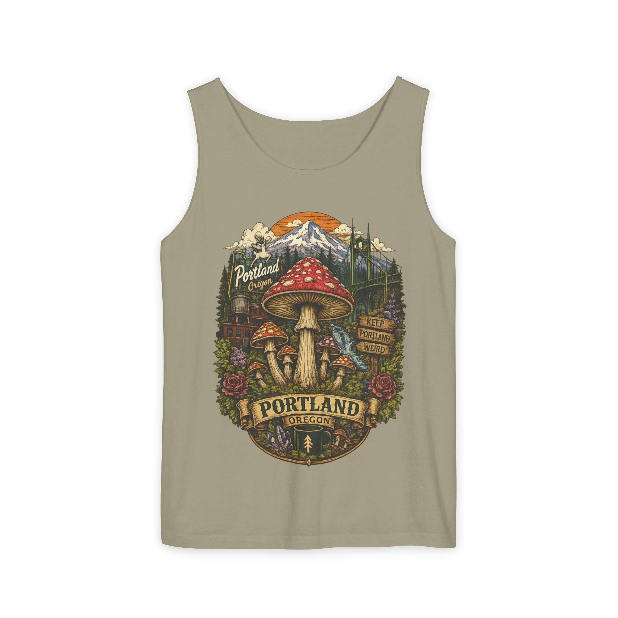 City: Portland Mushroom Tank Top — Vintage Forest Travel Graphic