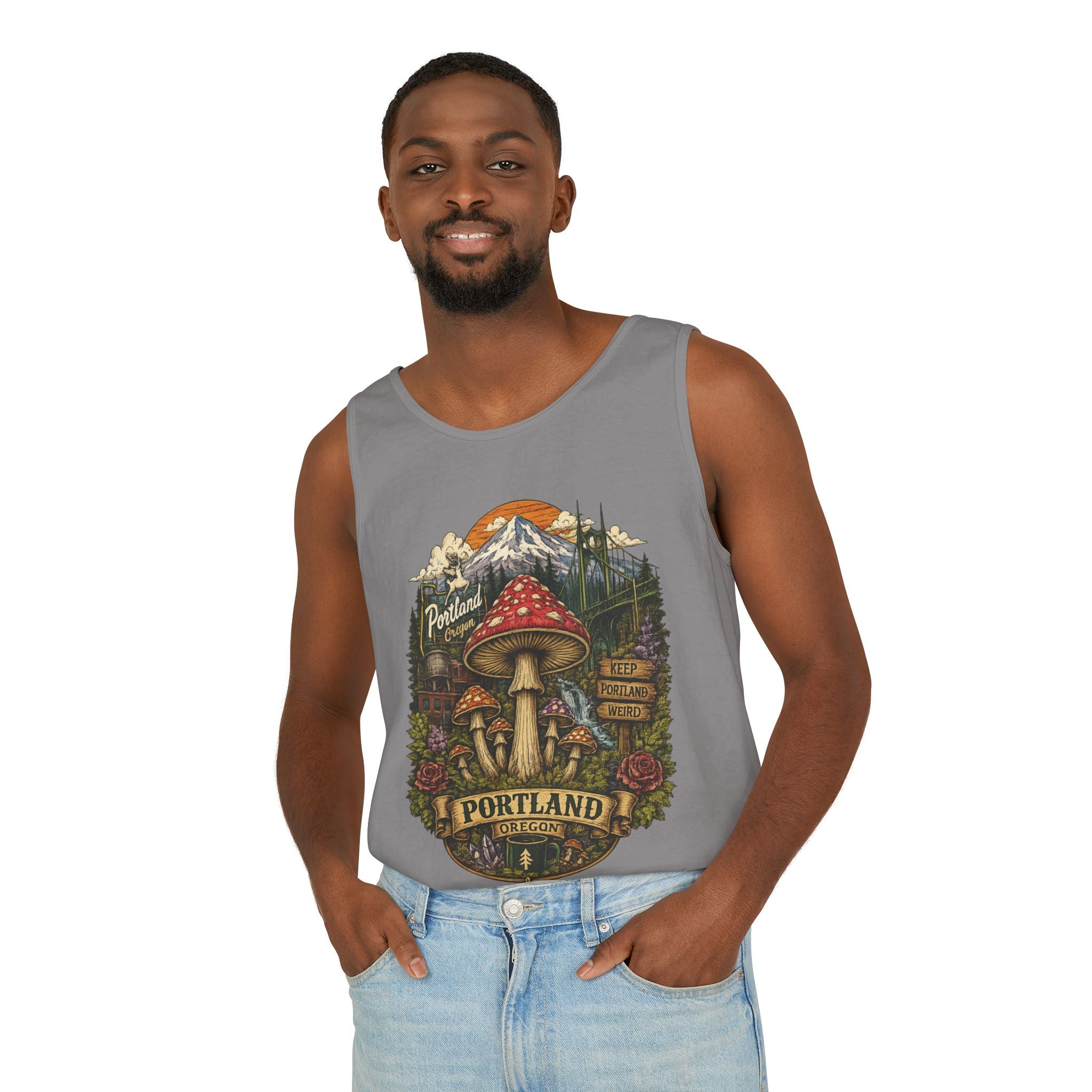 City: Portland Mushroom Tank Top — Vintage Forest Travel Graphic