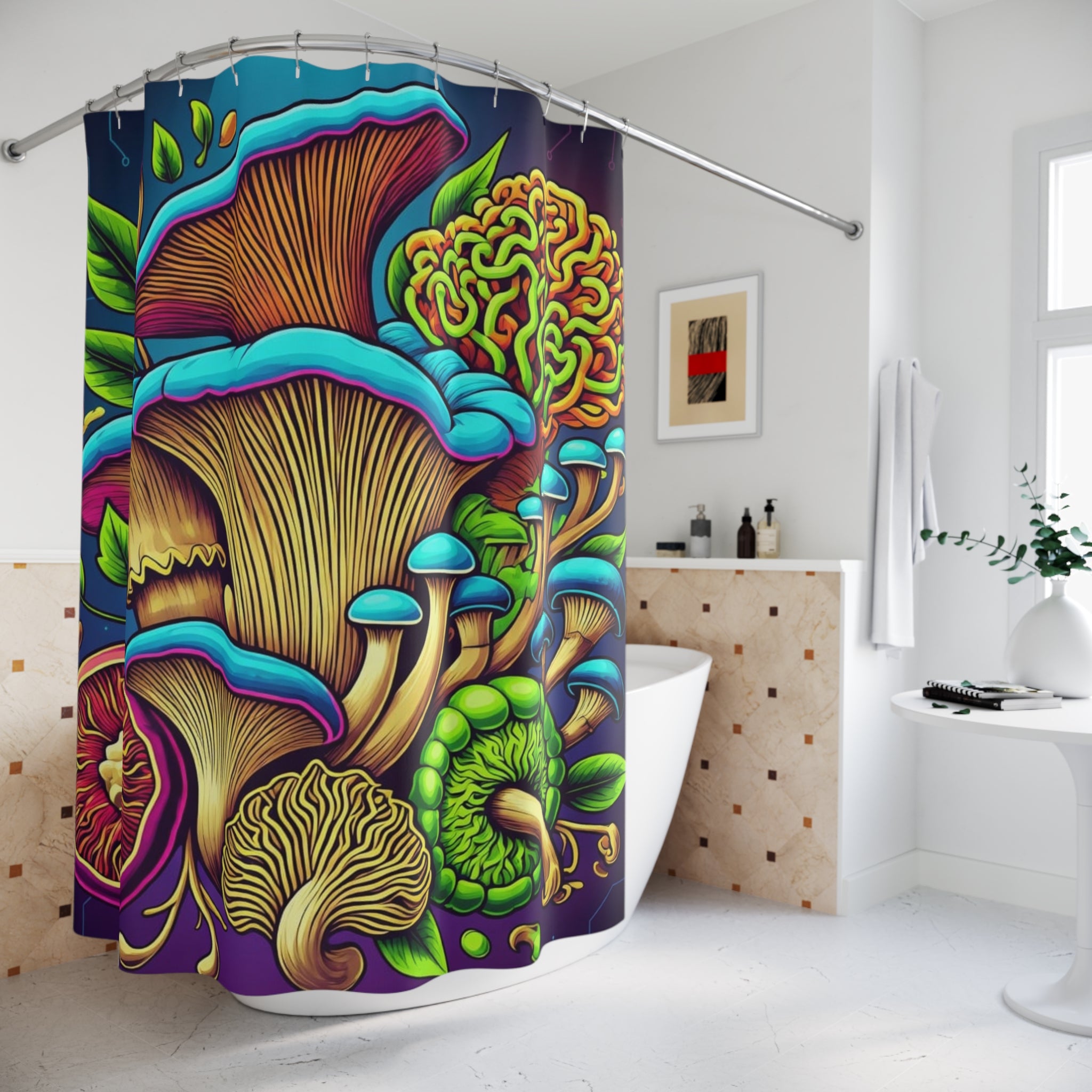 Psychedelic Mushroom Shower Curtain - Colorful Botanical Fungi Bathroom Decor