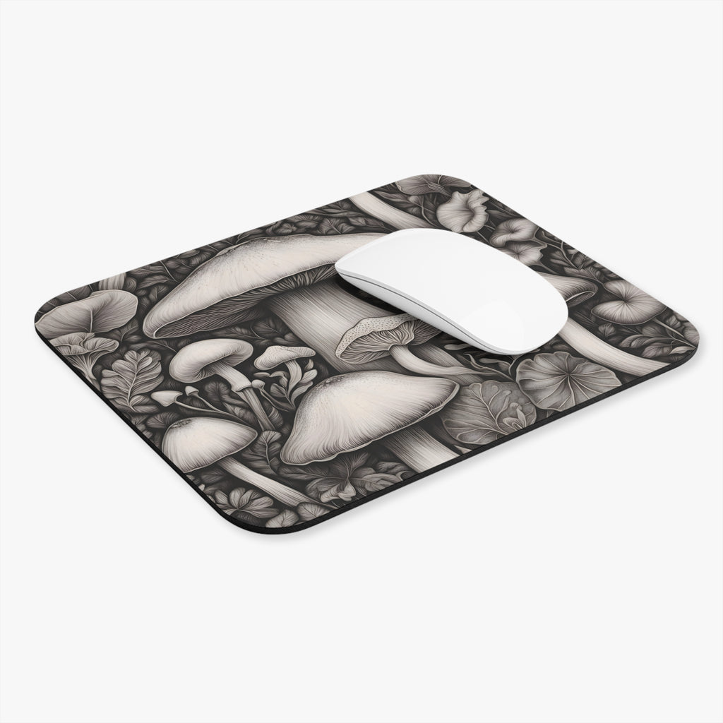 Mouse Pad: Monochrome Mushroom Garden Mouse Pad — Botanical Desk Accessory
