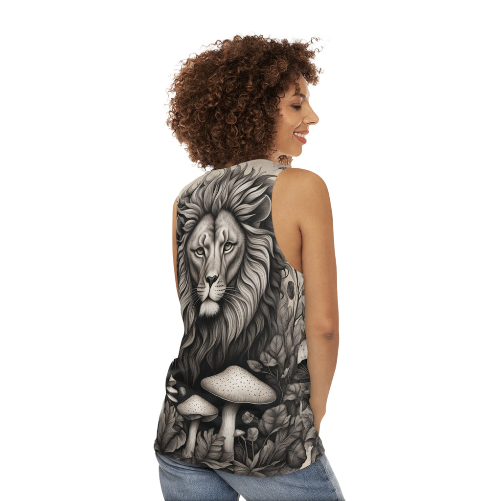 Camiseta sin mangas con estampado integral de león y setas — Vibras de bosque majestuoso monocromático