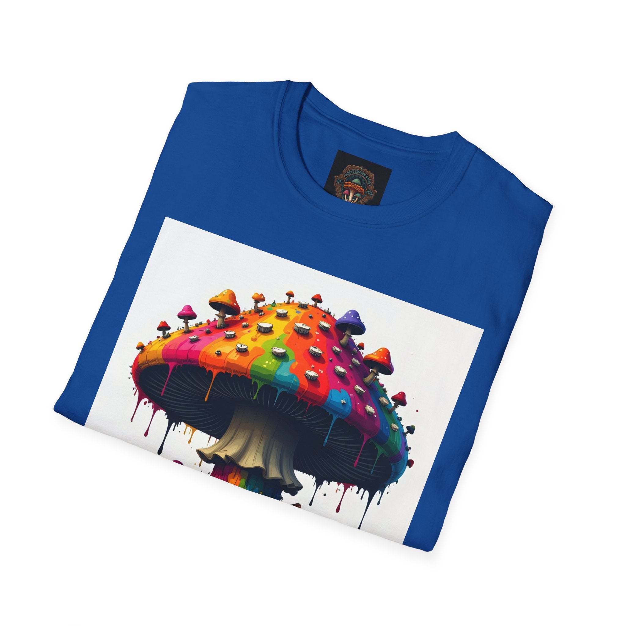 Piper's Shroom Works T-Shirt — Rainbow Drip Mushroom Graphic Tee