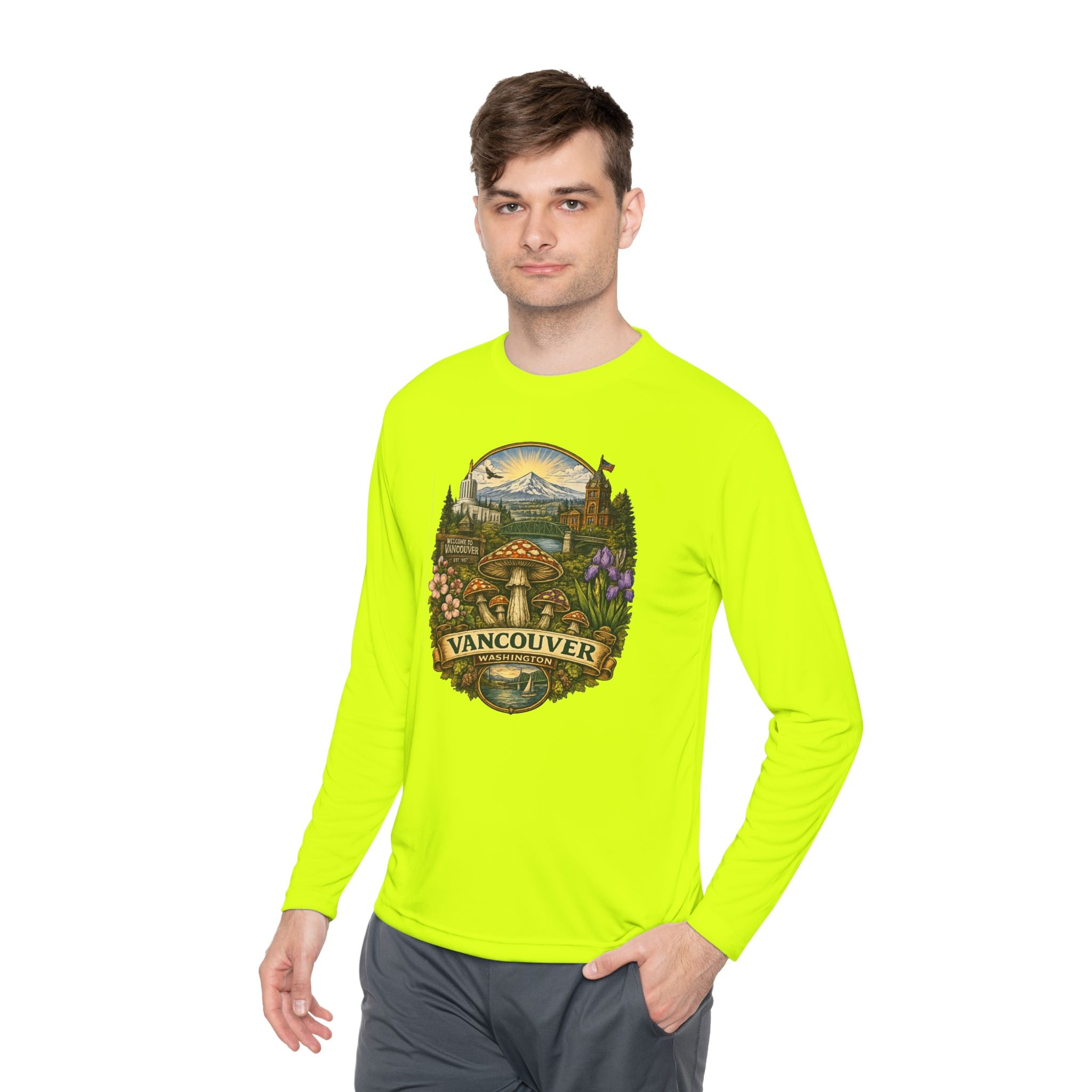 Vancouver Nature Long Sleeve Tee — Scenic Mountains & Mushroom Art