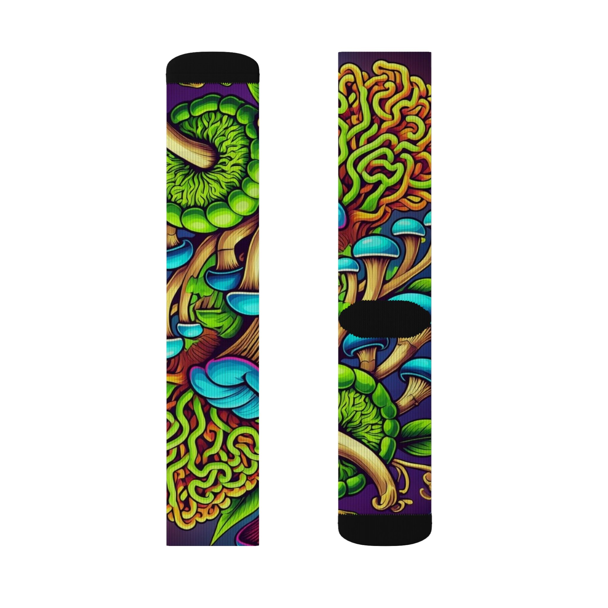 Socks: Psychedelic Mushroom Socks — Vibrant Green Fungi Sublimation Crew Socks