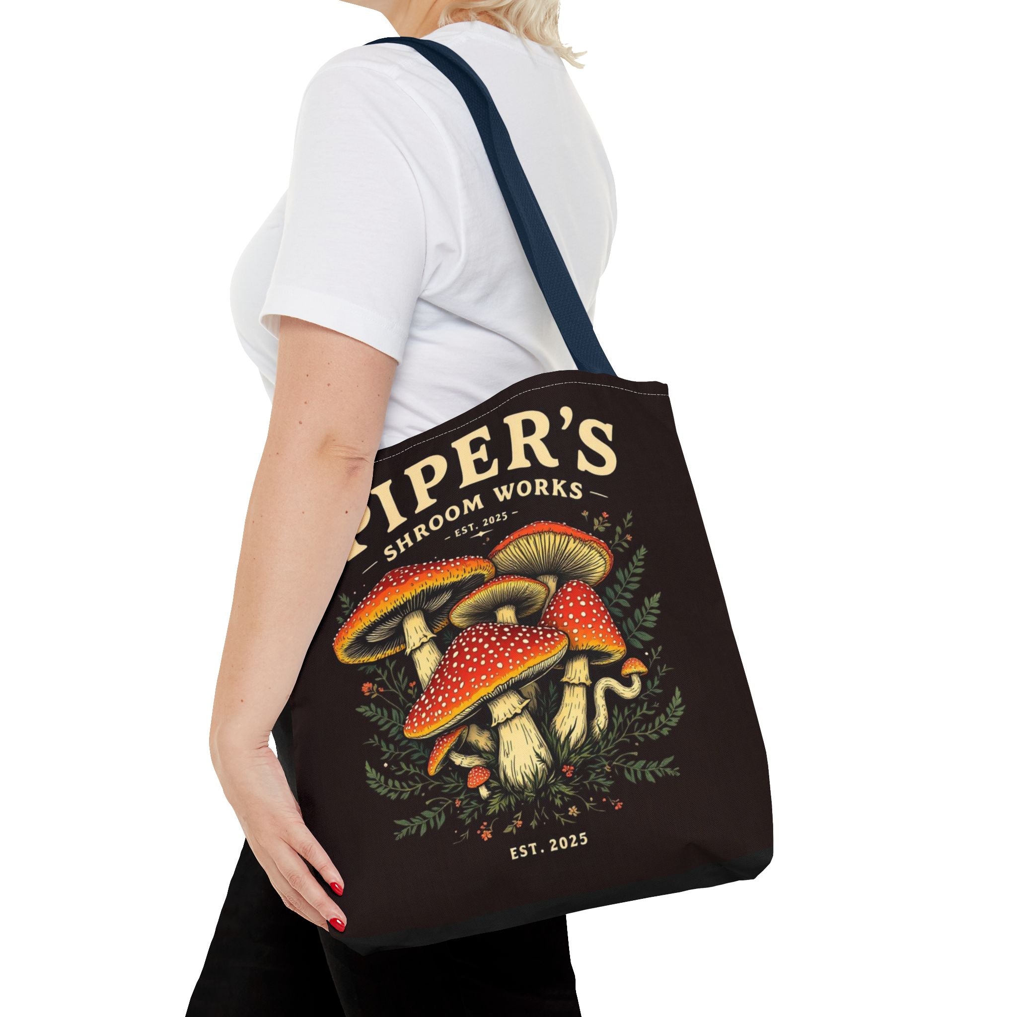 Mushroom Tote Bag — "Piper's Shroom Works" Vintage Fungi Market Shopper