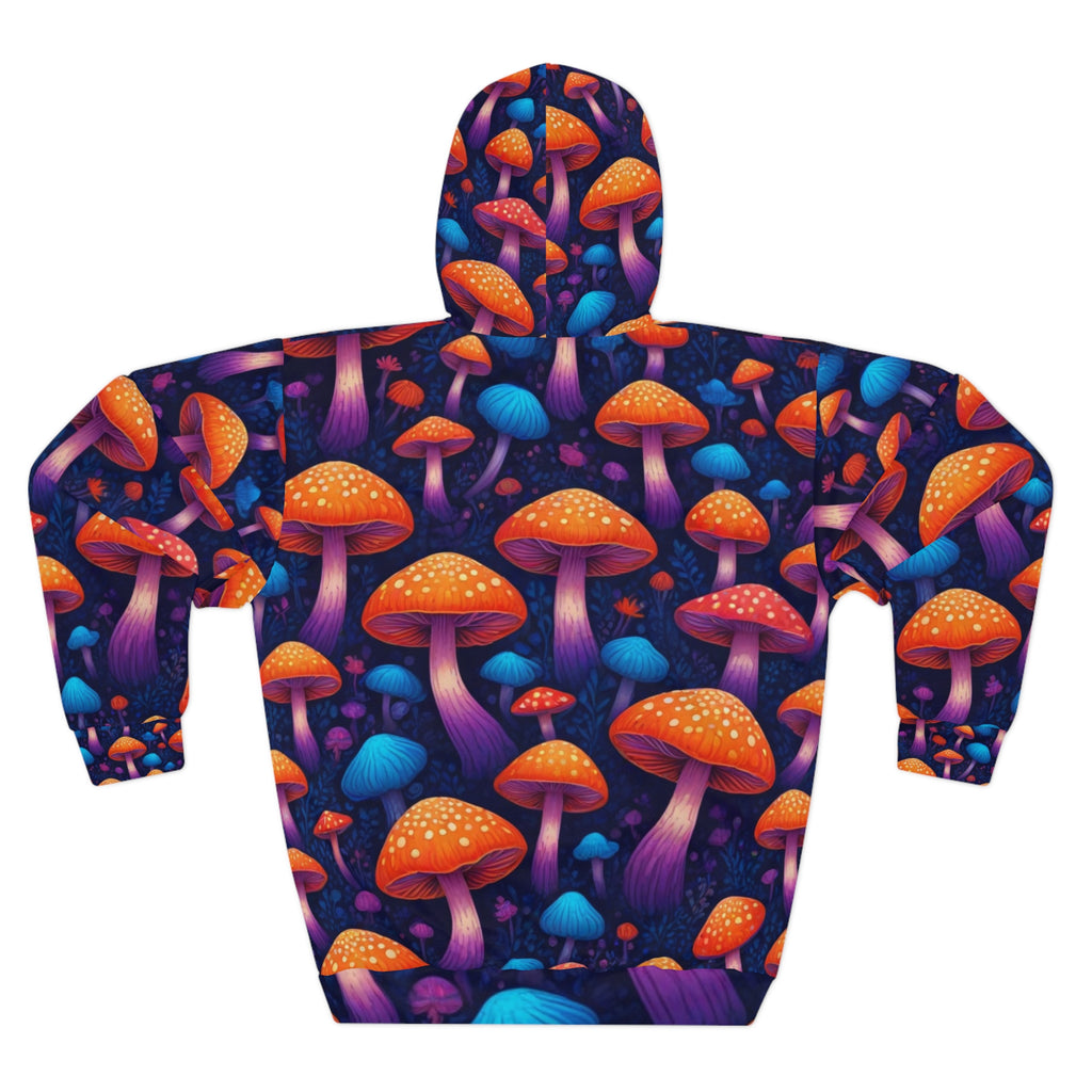 Psychedelic Mushroom Print Hoodie – Neon Orange & Purple All-Over Pullover