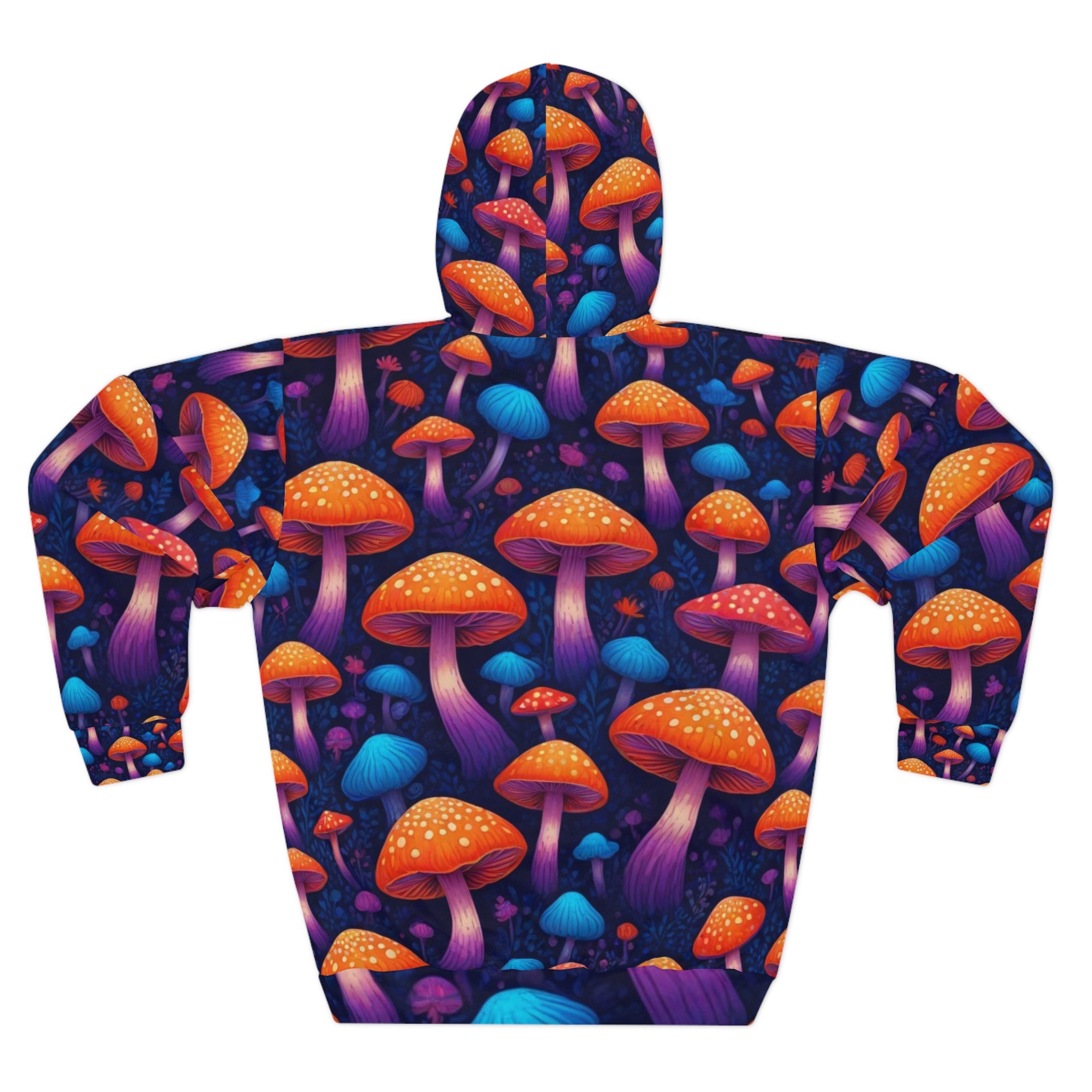 Psychedelic Mushroom Print Hoodie – Neon Orange & Purple All-Over Pullover