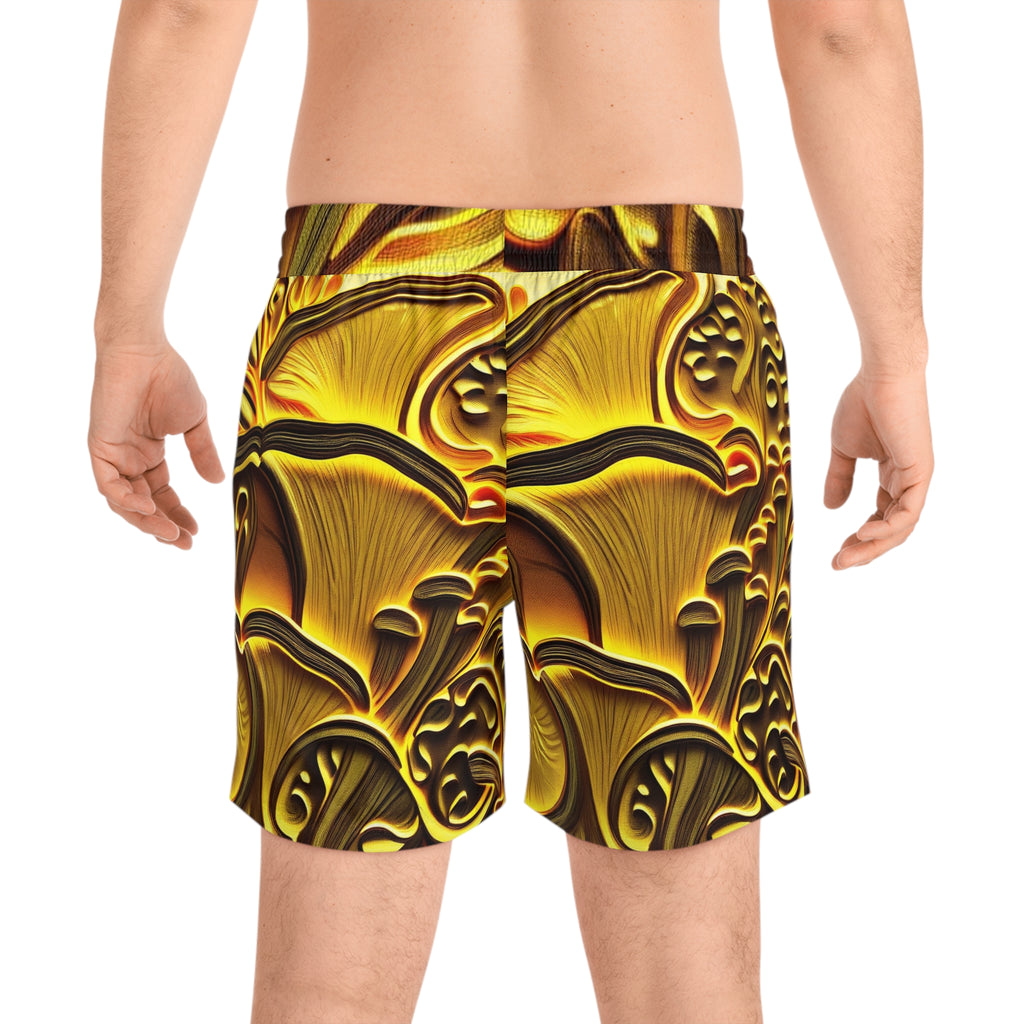 Golden Mushroom Print Swim Shorts — Men’s Mid-Length Tropical Boardshorts