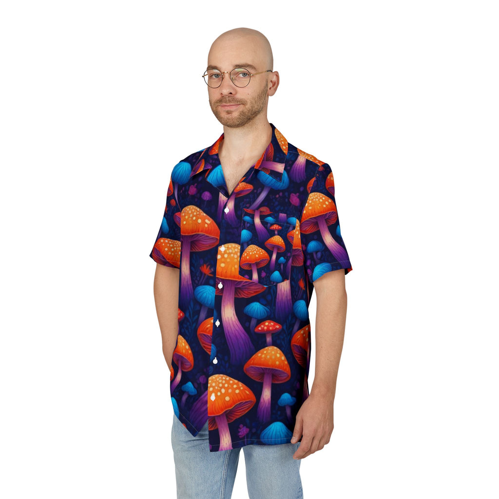 Camisa Hawaiana de Hongos Psicodélicos — Abotonada Naranja Neón y Morado AOP