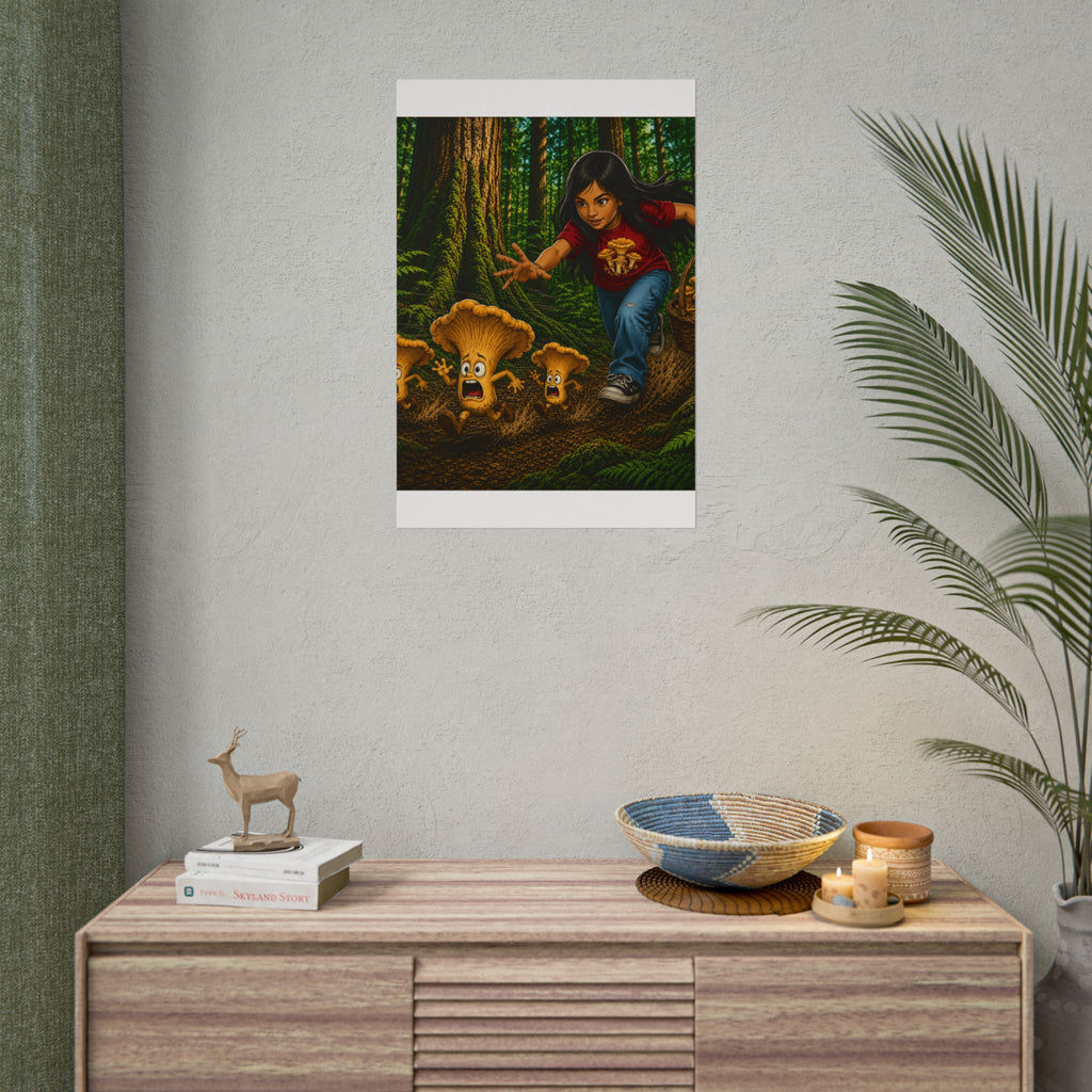 Rolled Poster: Girl Chasing Animated Mushrooms Forest Art Print