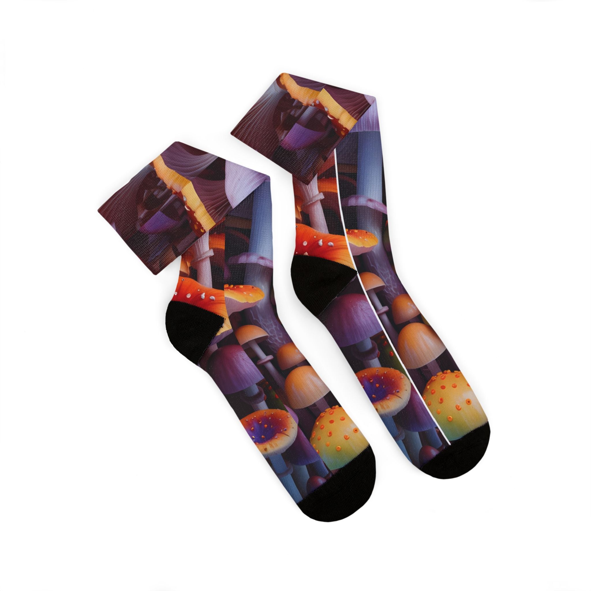 Socks: Mushroom Forest Sublimation Socks — Colorful Psychedelic Fungi Crew Socks
