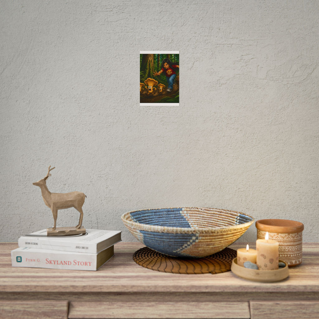 Rolled Poster: Girl Chasing Animated Mushrooms Forest Art Print