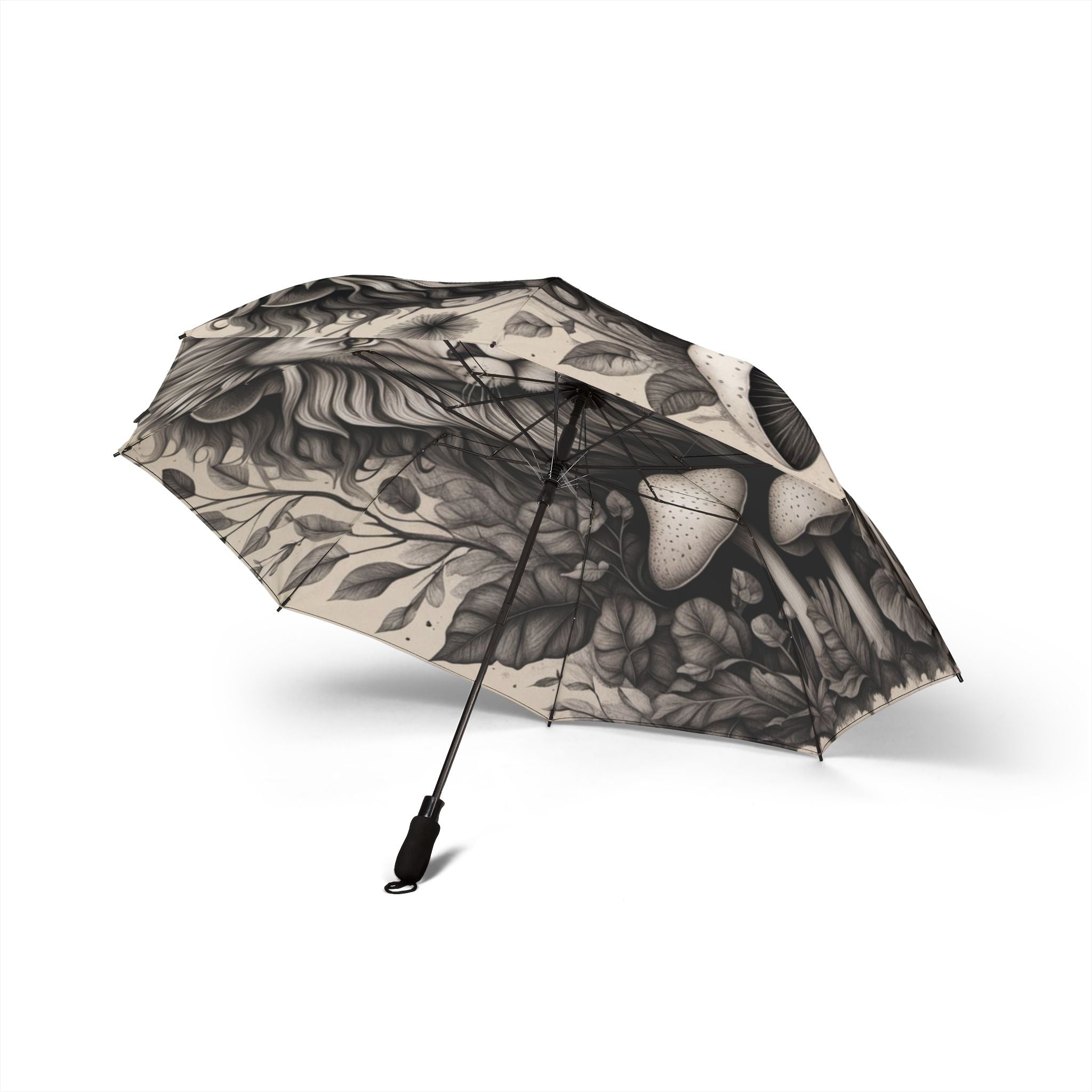 Lion & Mushrooms Foldable Umbrella — Semi-Automatic Travel Umbrella