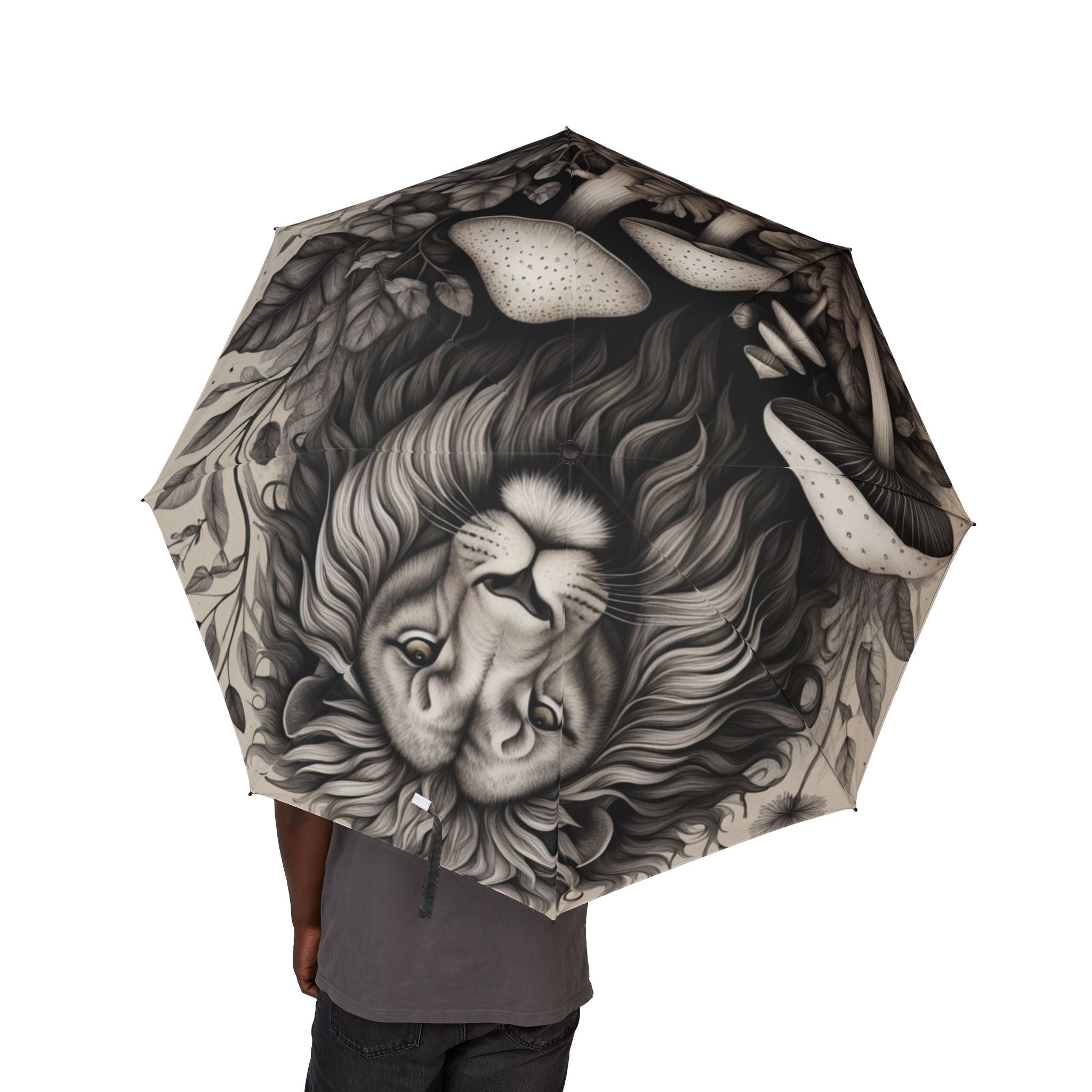 Lion & Mushrooms Foldable Umbrella — Semi-Automatic Travel Umbrella