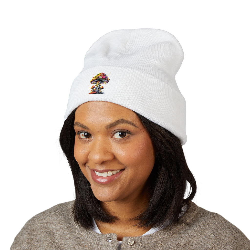 Beanie: Embroidered Colorful Mushroom Beanie — Cute Cuffed Knit Hat