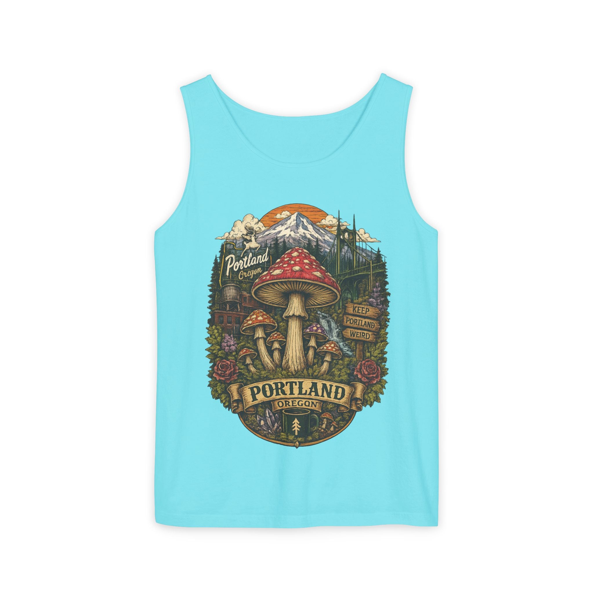 City: Portland Mushroom Tank Top — Vintage Forest Travel Graphic