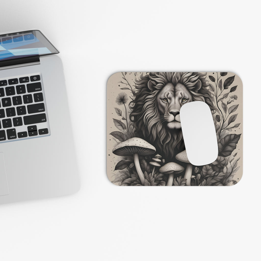 Mouse Pad: Lion & Mushrooms Mouse Pad — Monochrome Botanical Desk Mat