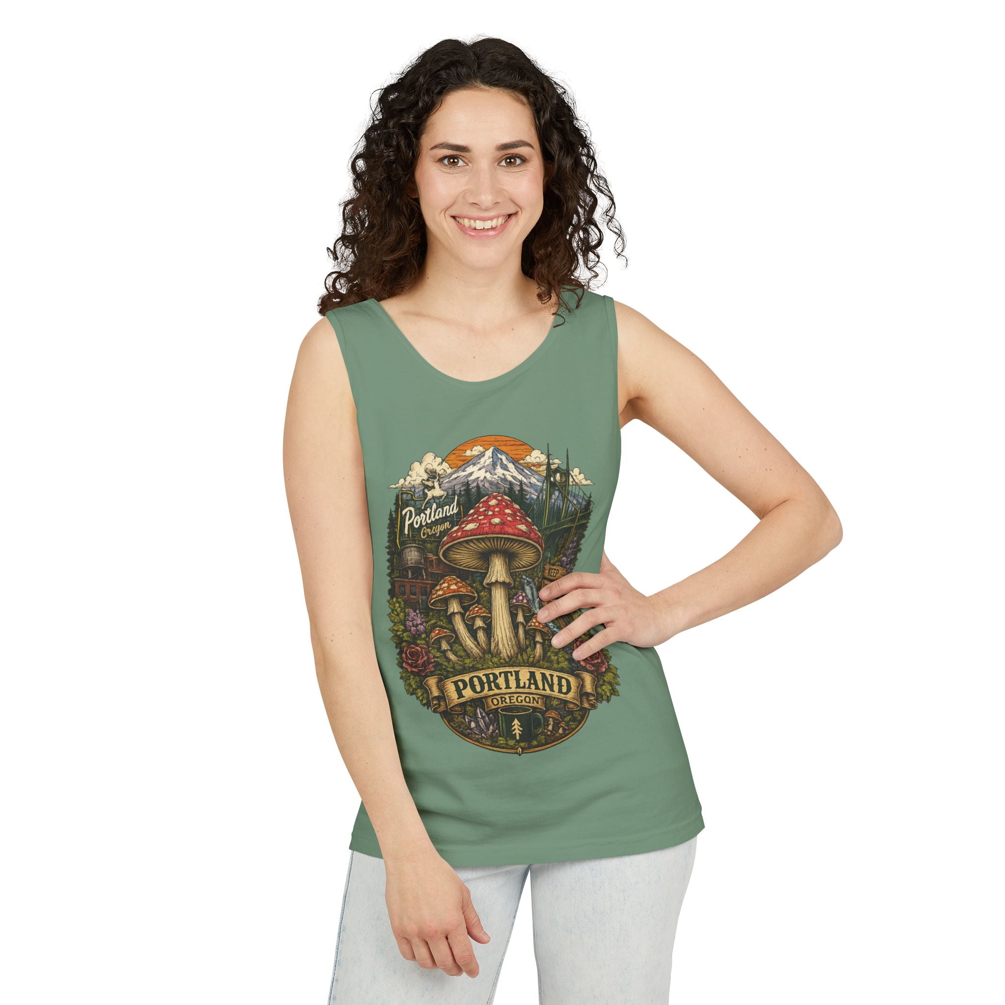 City: Portland Mushroom Tank Top — Vintage Forest Travel Graphic