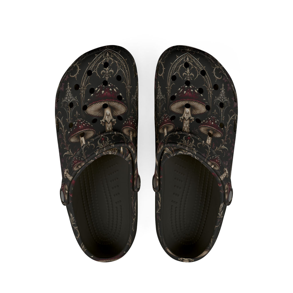 Clogs: Mushroom Garden EVA Foam Clogs — Lightweight Comfort Shoes with Dark Fungi Print