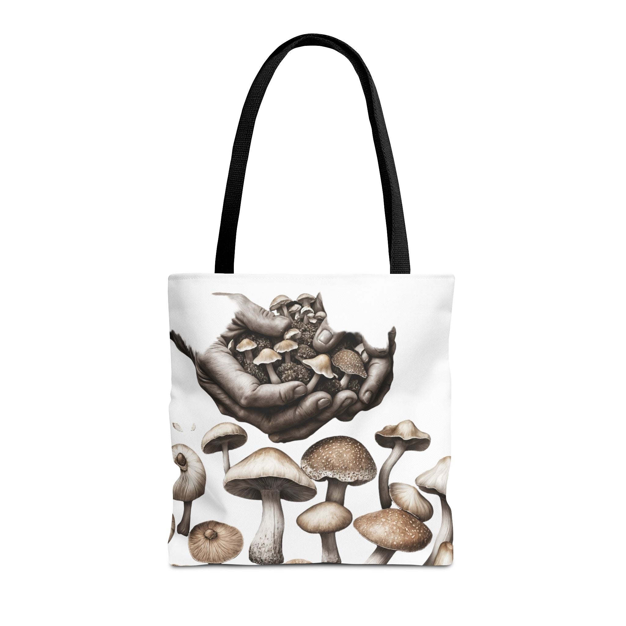 Mushroom Garden Tote Bag — Hand-Held Fungi Illustration All-Over Print
