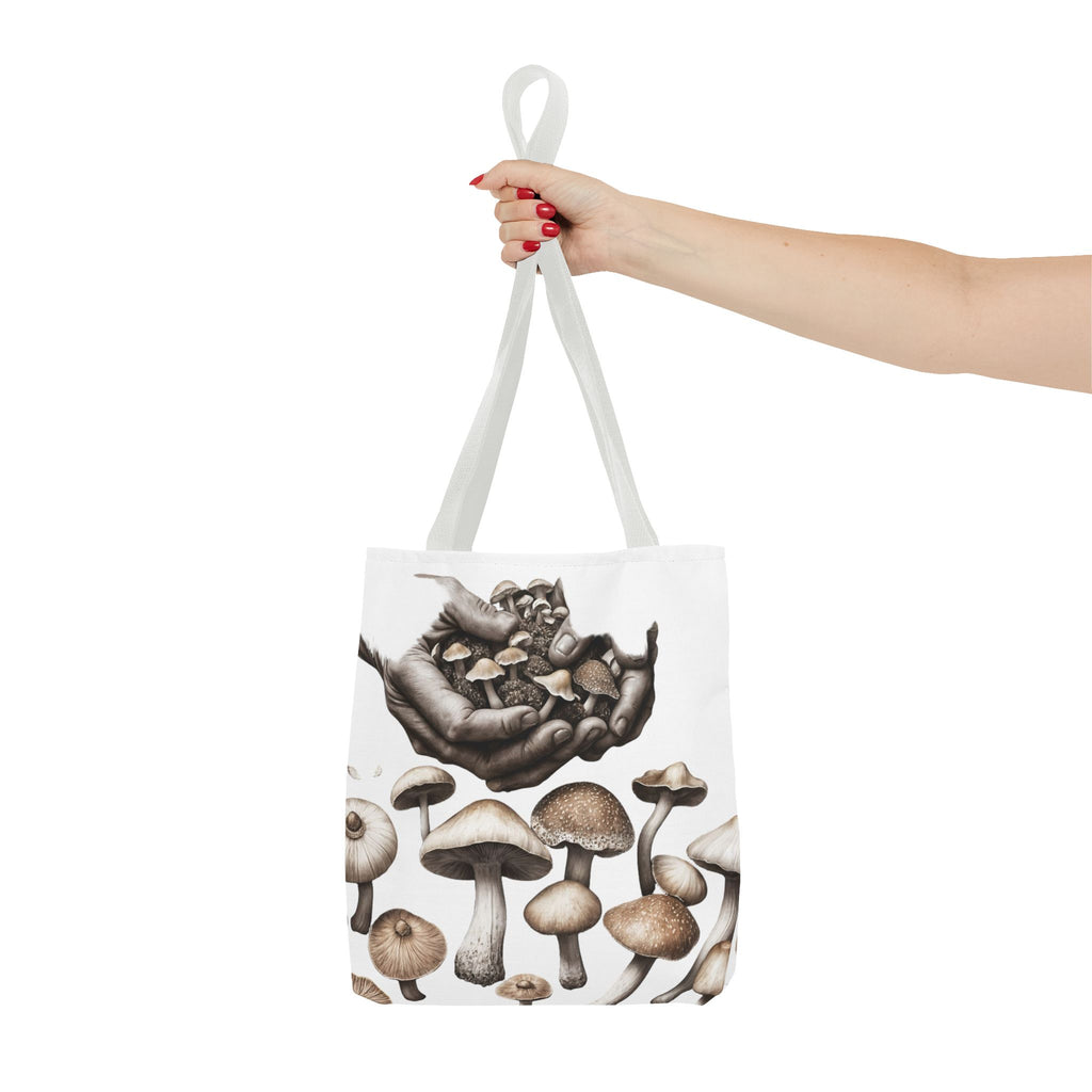 Mushroom Garden Tote Bag — Hand-Held Fungi Illustration All-Over Print