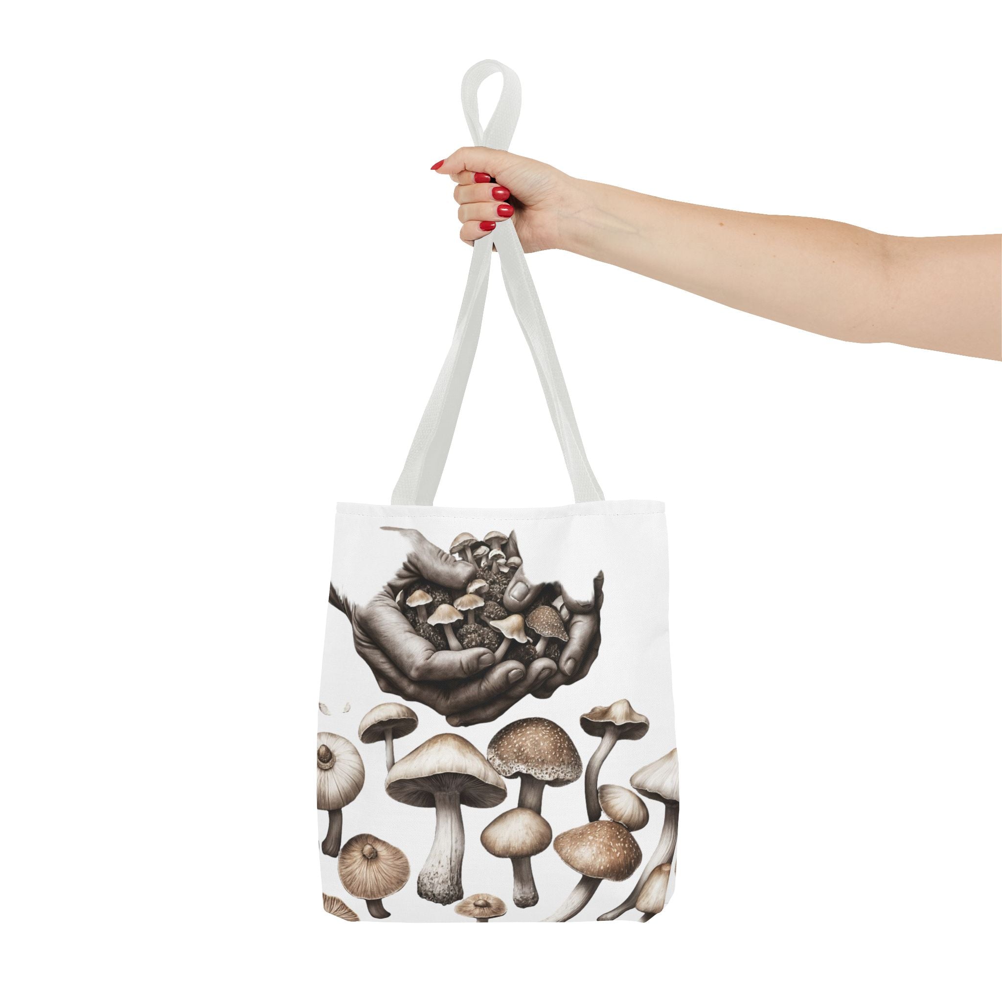 Mushroom Garden Tote Bag — Hand-Held Fungi Illustration All-Over Print