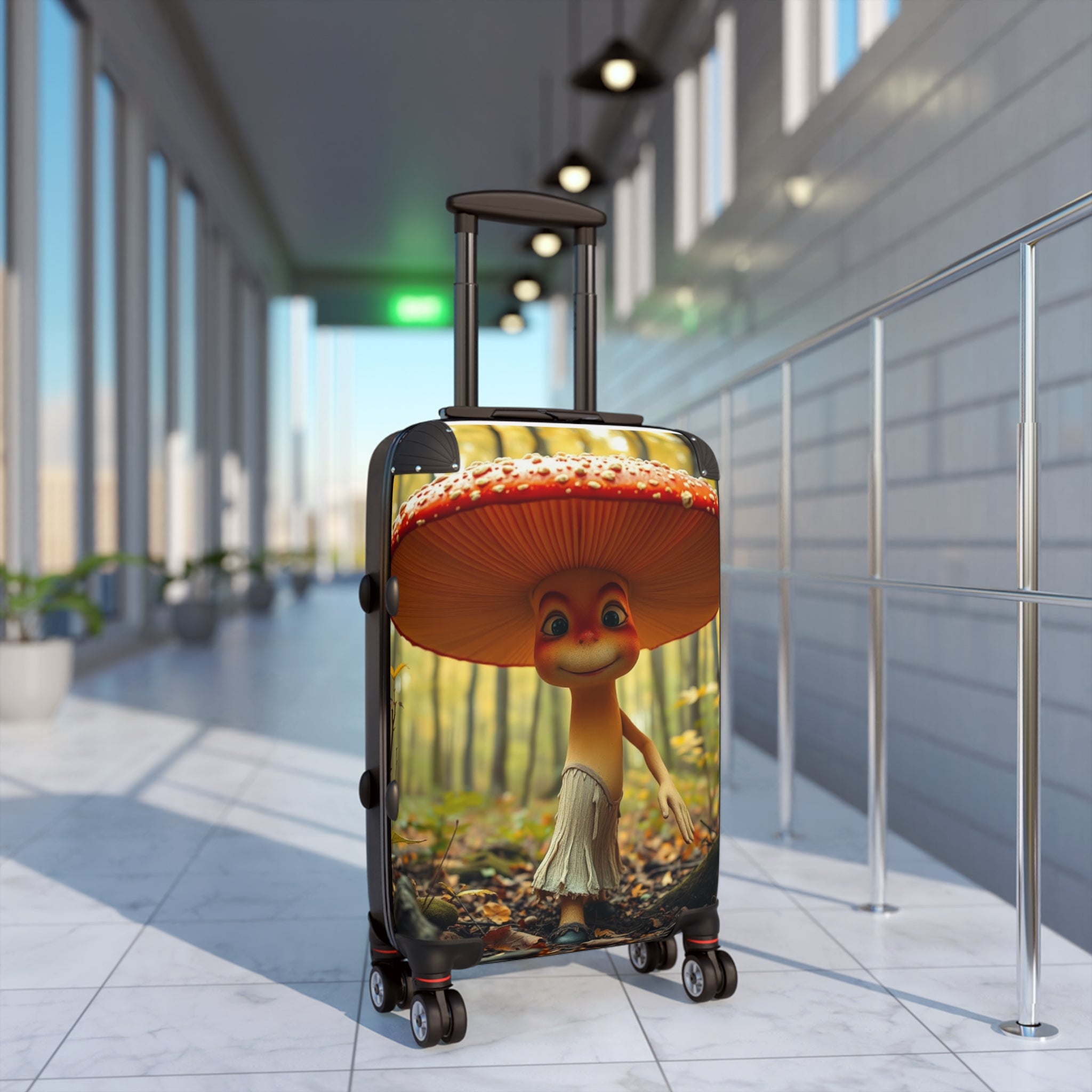 Pack Joy. Roll Whims Travel Casey Wander Happy Shroomie Traveler Carry-On with a cheerful mushroom design.