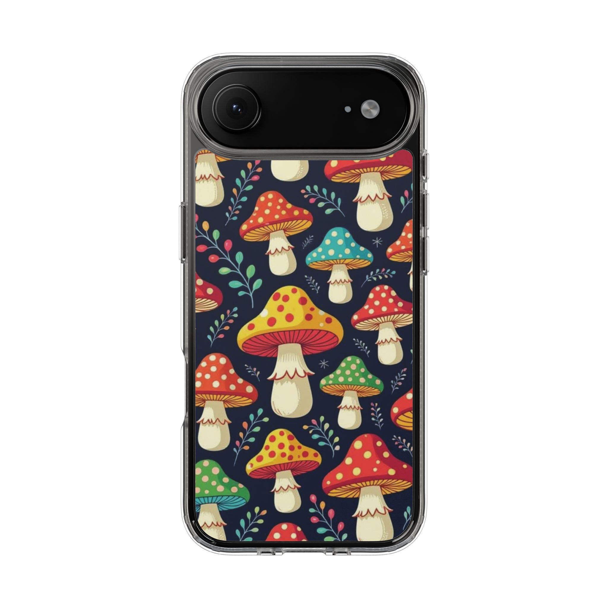 Phone Case: Mushroom Pattern Clear Phone Case — Colorful Toadstool Floral Design
