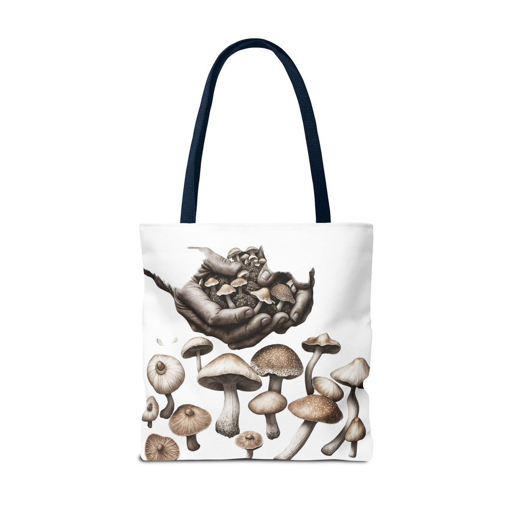 Mushroom Garden Tote Bag — Hand-Held Fungi Illustration All-Over Print
