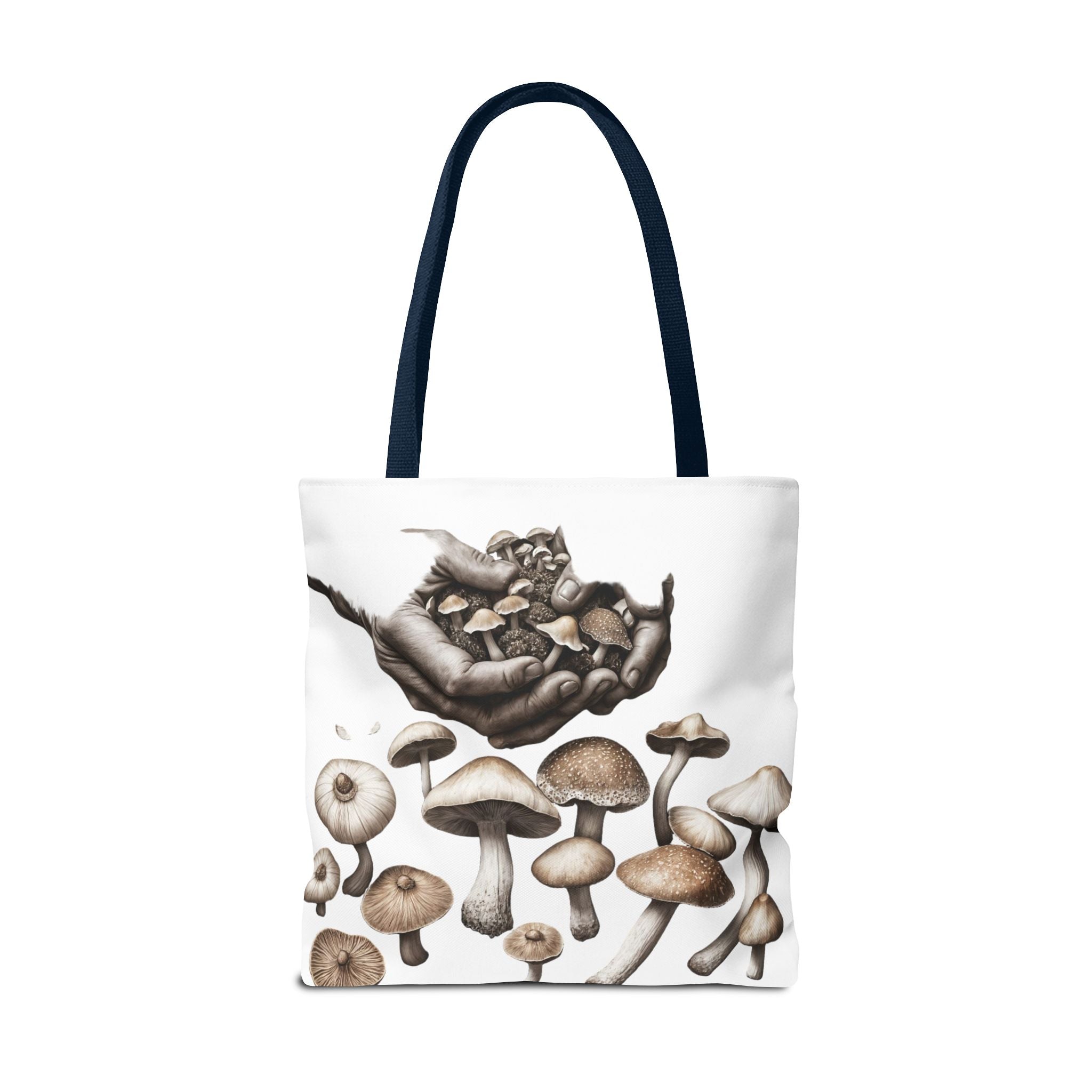 Mushroom Garden Tote Bag — Hand-Held Fungi Illustration All-Over Print