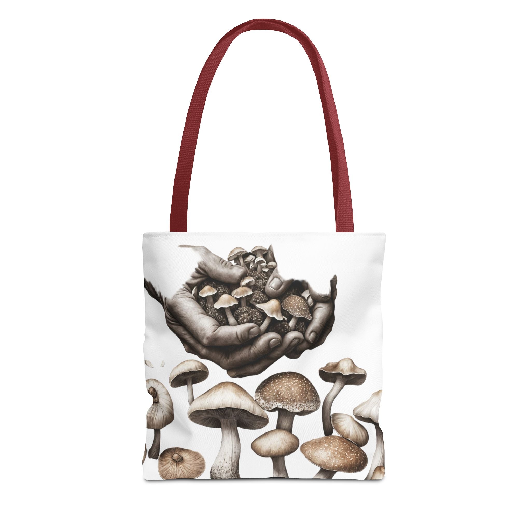 Mushroom Garden Tote Bag — Hand-Held Fungi Illustration All-Over Print