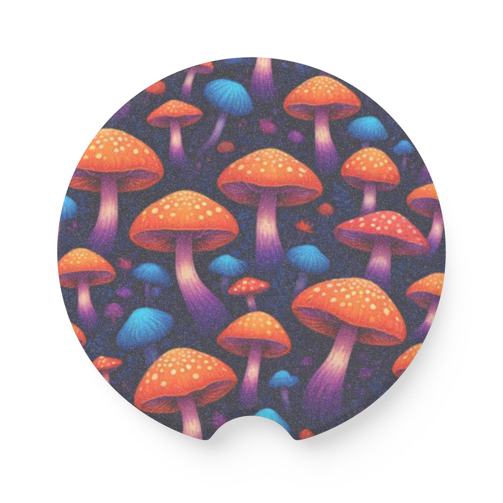 Mushroom Forest Soapstone Car Coaster — Colorful Psychedelic Fungi Drink Holder